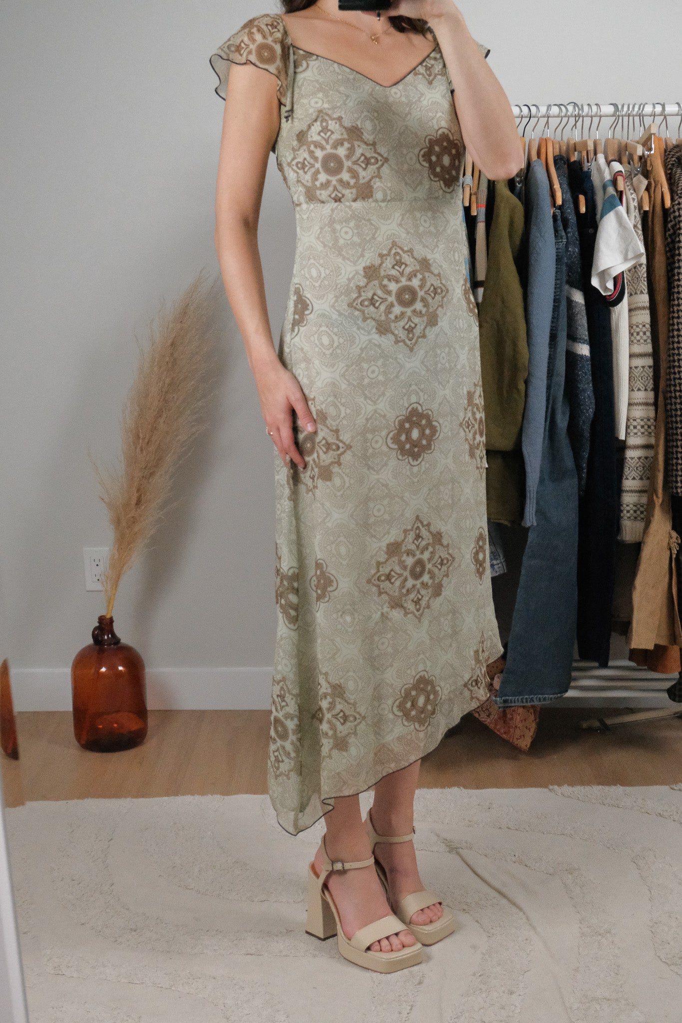 Vintage x Patterned Silk Midi Dress (S)