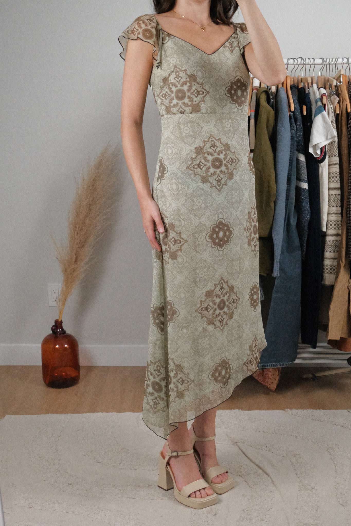 Vintage x Patterned Silk Midi Dress (S)