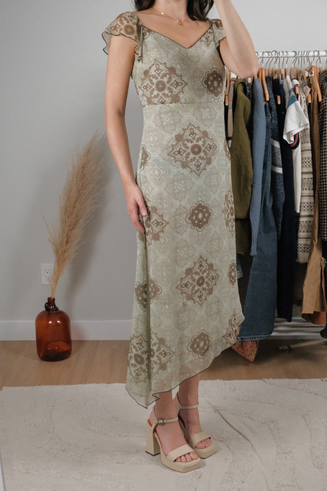 Vintage x Patterned Silk Midi Dress (S)