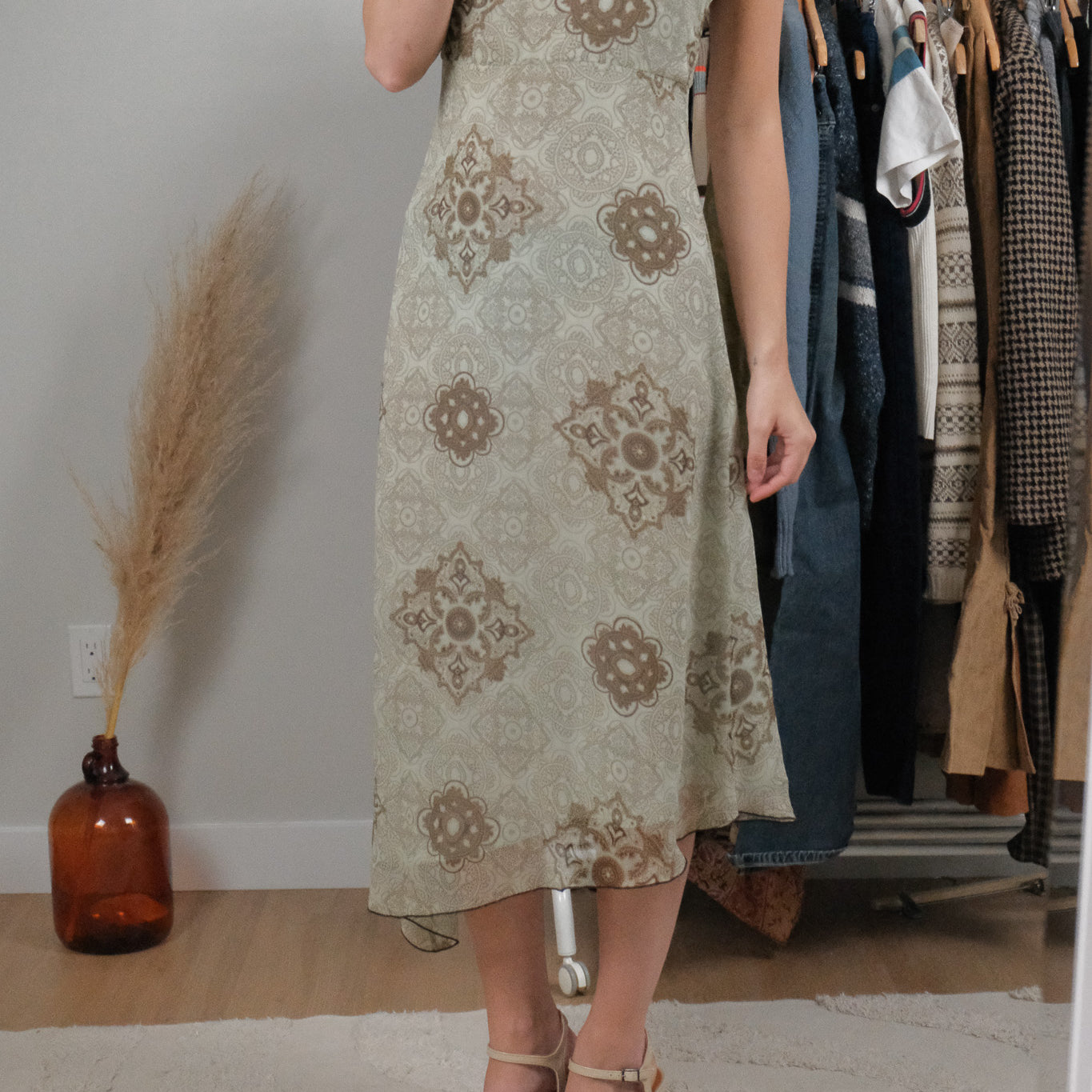 Vintage x Patterned Silk Midi Dress (S)