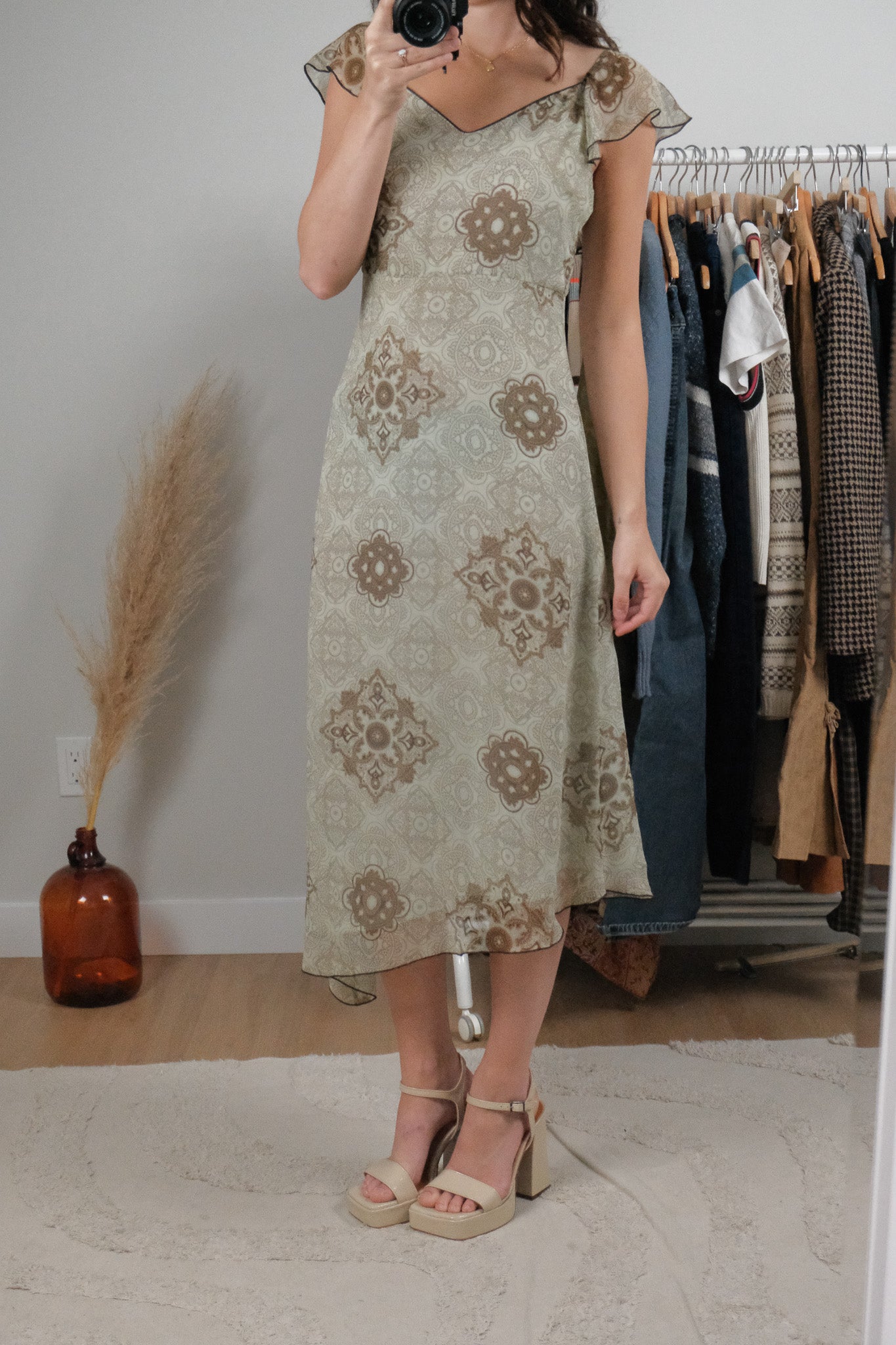Vintage x Patterned Silk Midi Dress (S)