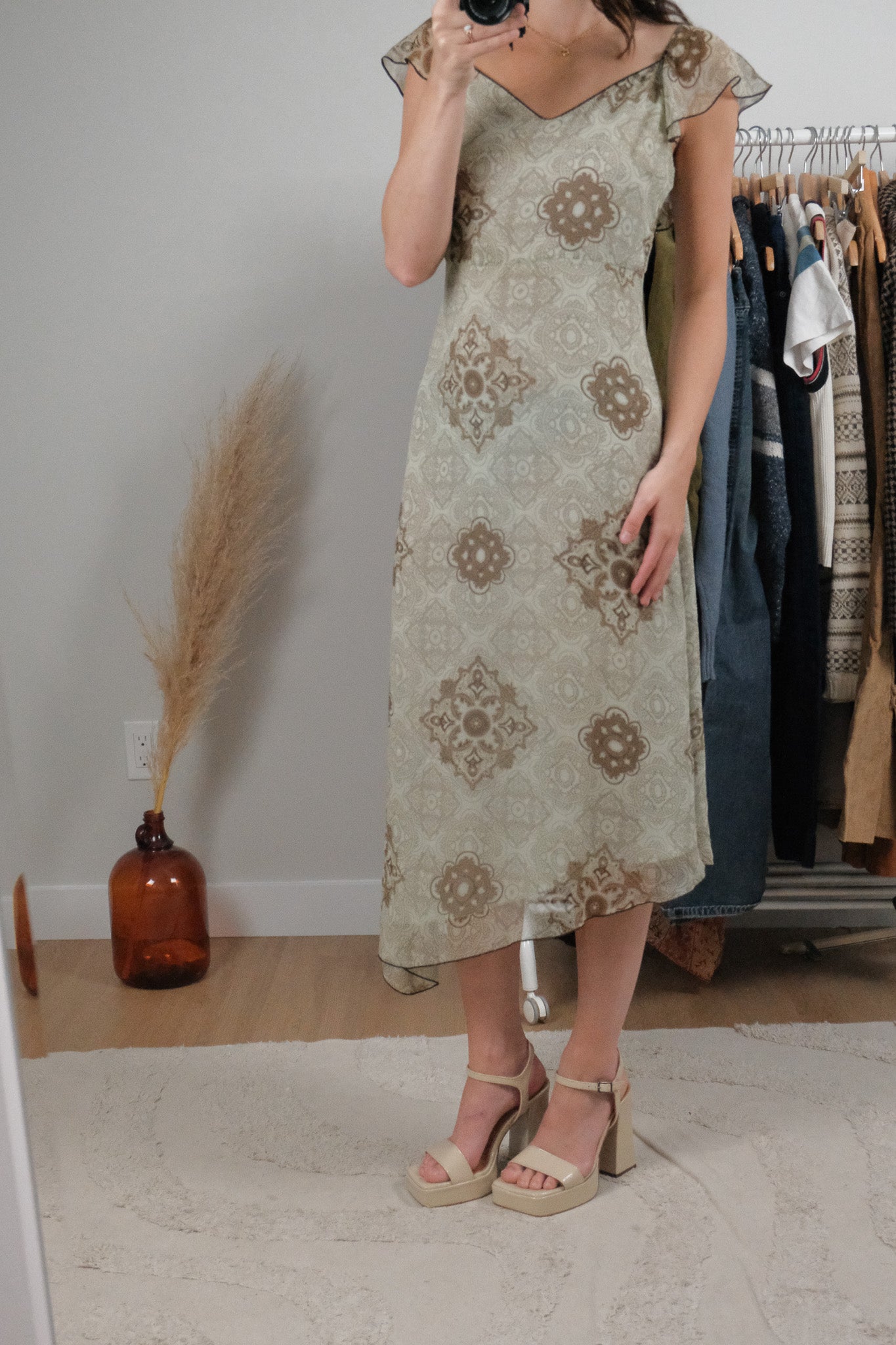 Vintage x Patterned Silk Midi Dress (S)