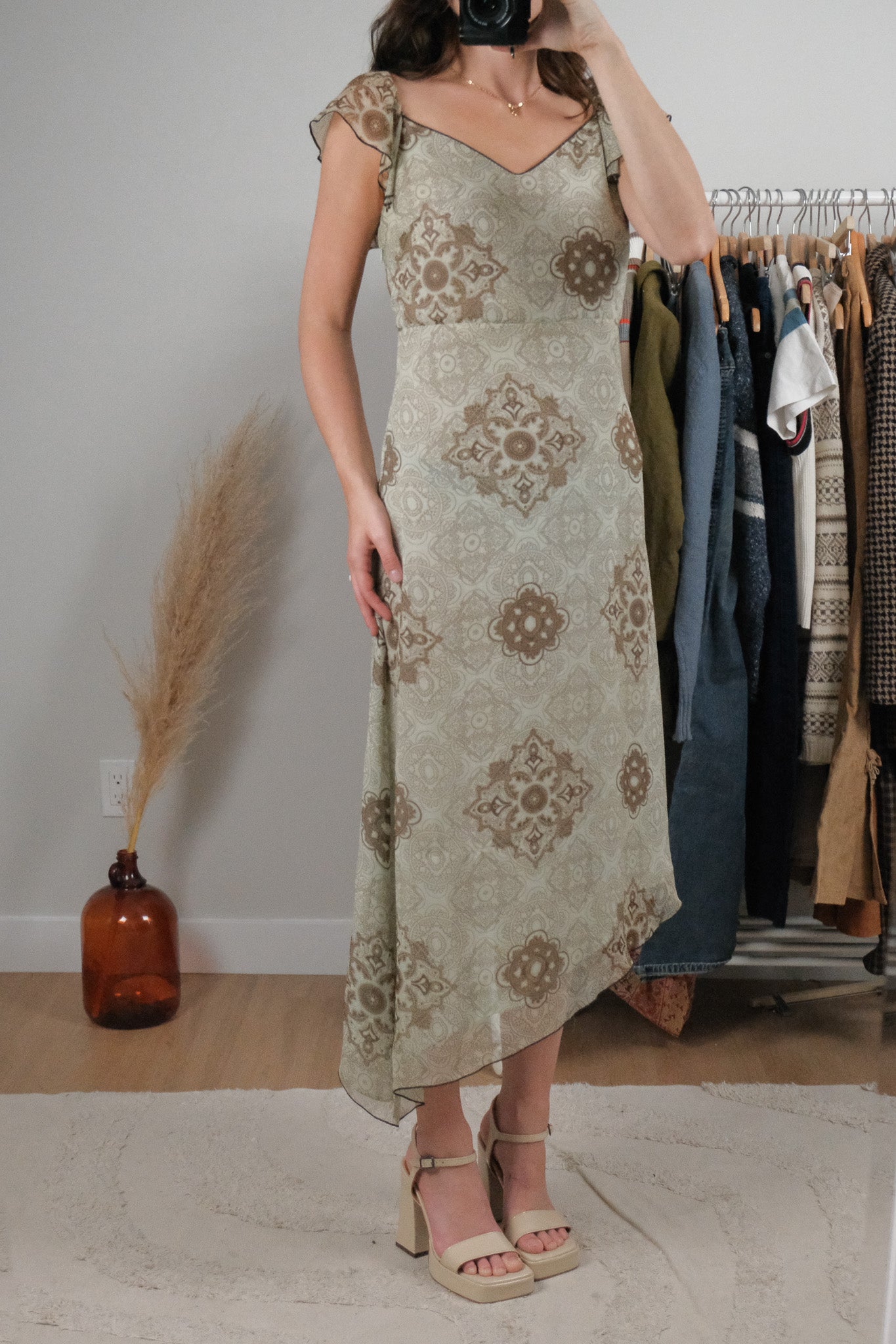 Vintage x Patterned Silk Midi Dress (S)
