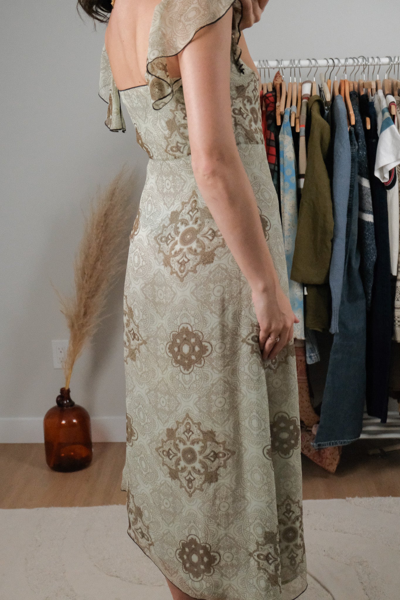 Vintage x Patterned Silk Midi Dress (S)