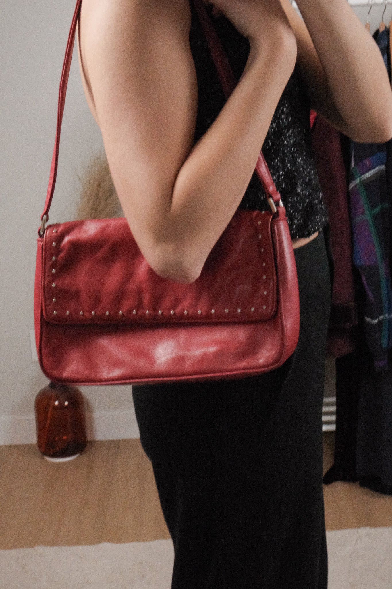 Vintage x Leather Studded Shoulder Purse