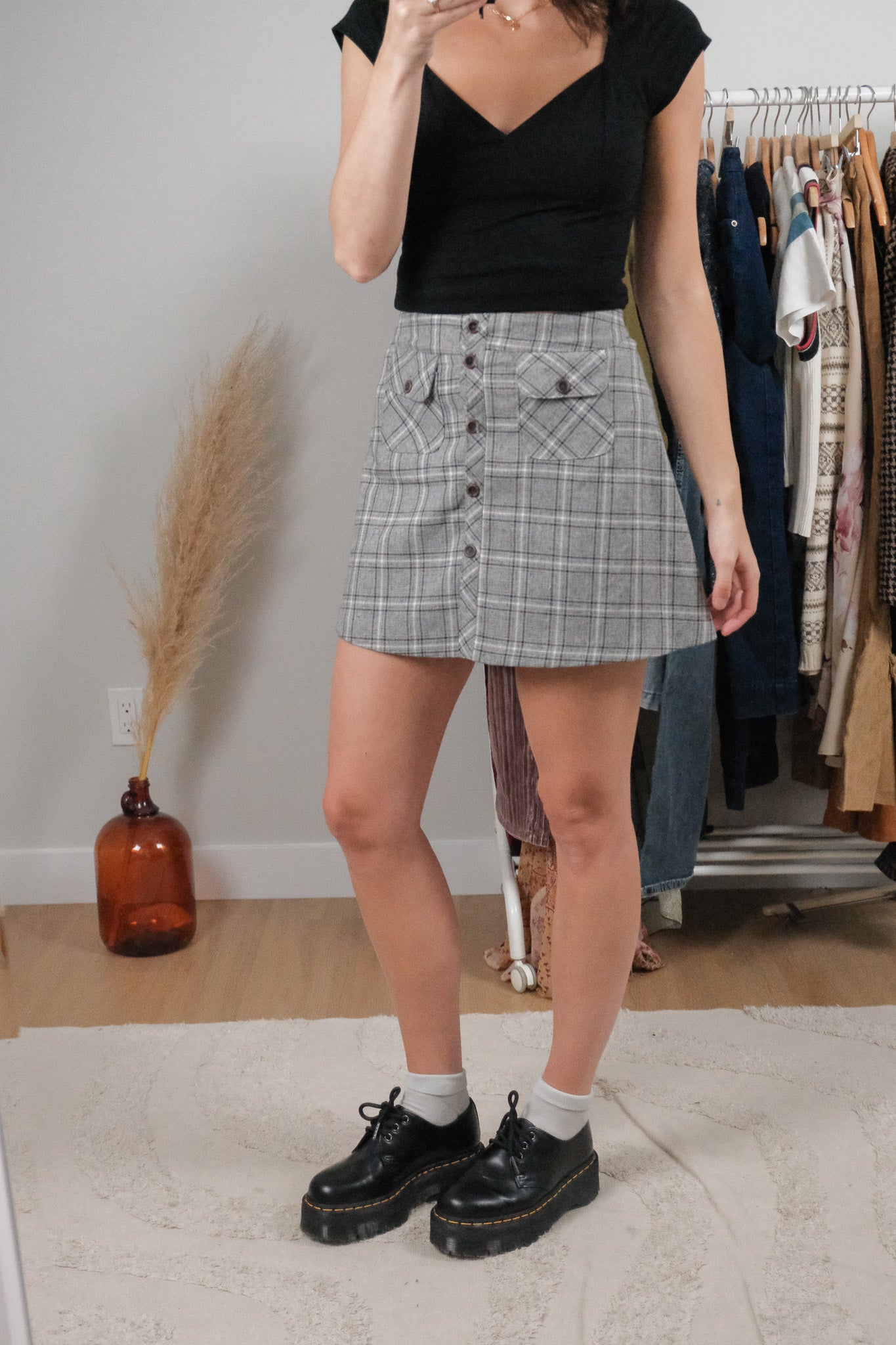 Made in USA x Vintage x Plaid Button Mini Skirt (S)