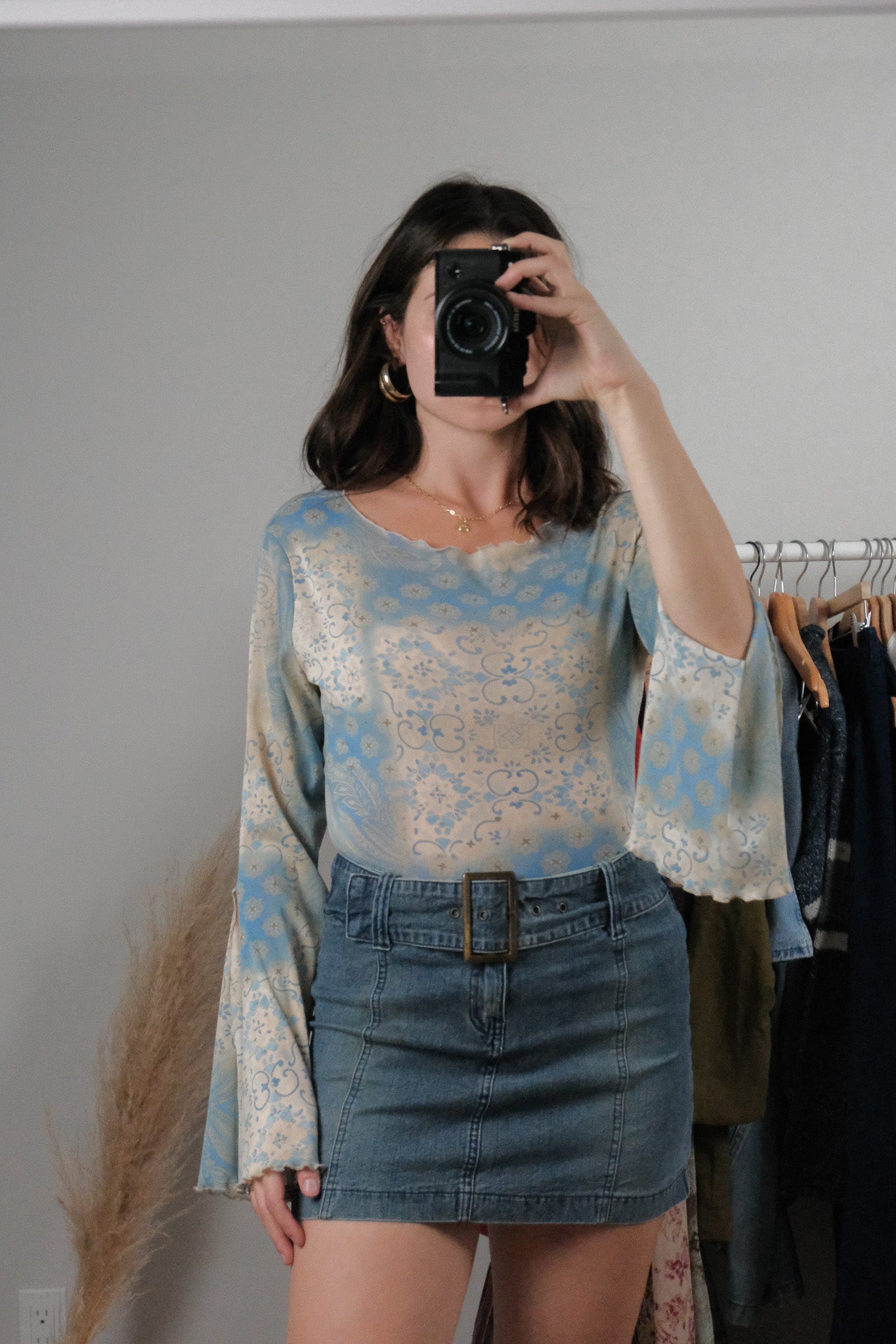 Vintage x Mesh Patterned Bell-Sleeve Top (L)
