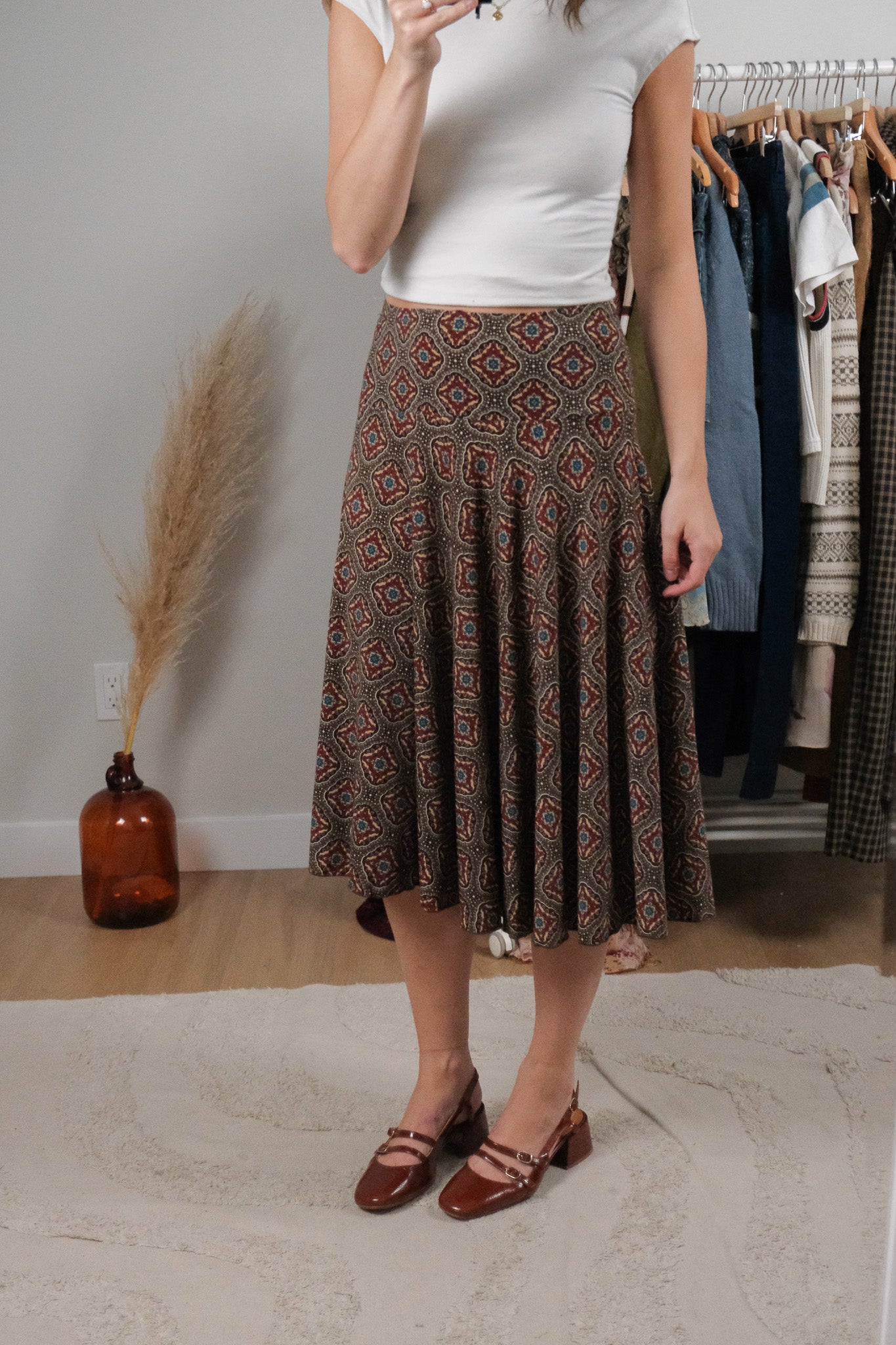 Vintage x Patterned Midi Skirt (M)