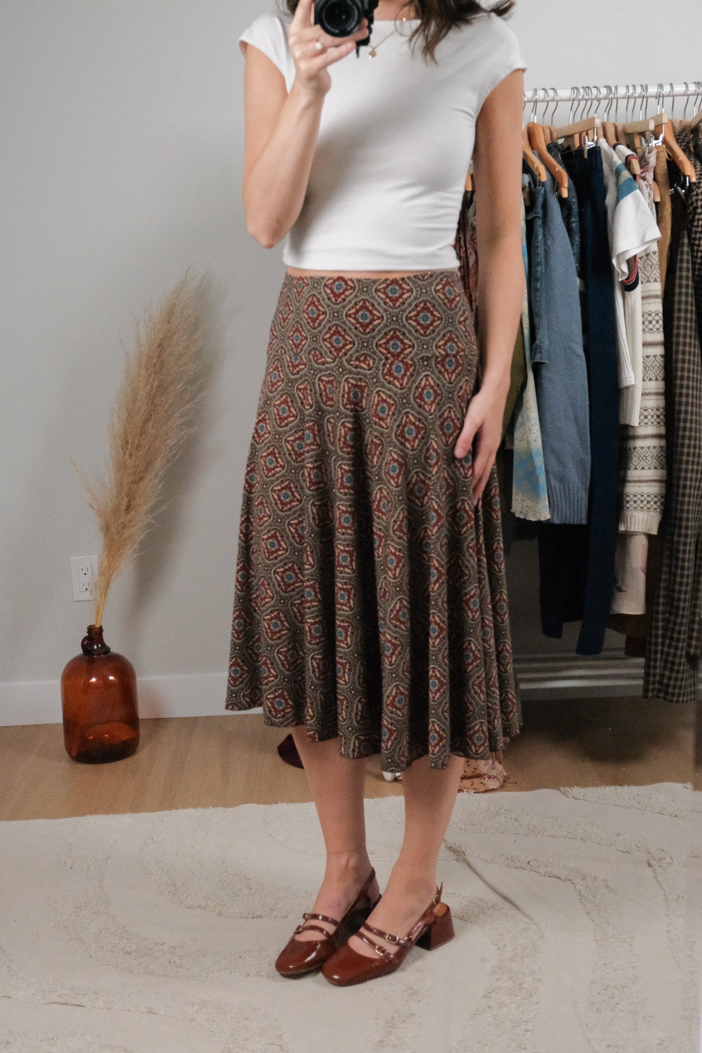 Vintage x Patterned Midi Skirt (M)