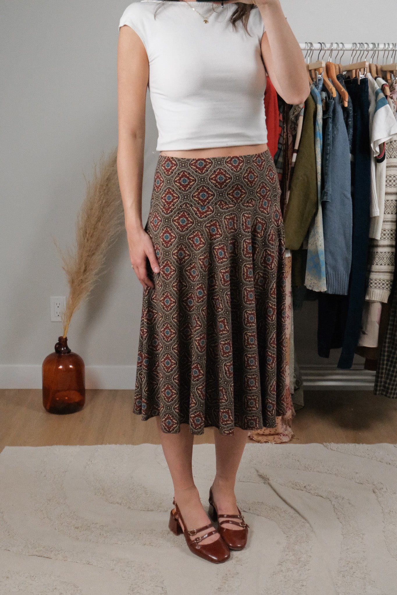 Vintage x Patterned Midi Skirt (M)