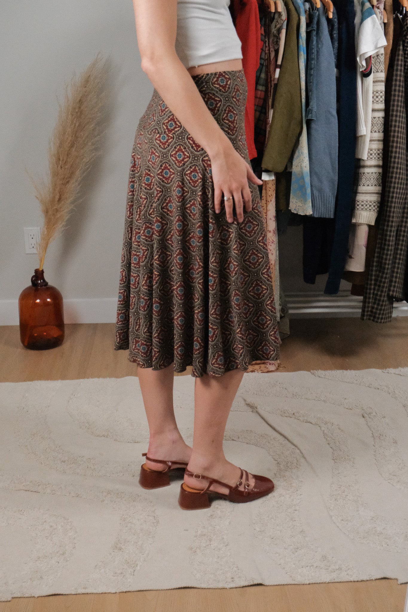 Vintage x Patterned Midi Skirt (M)