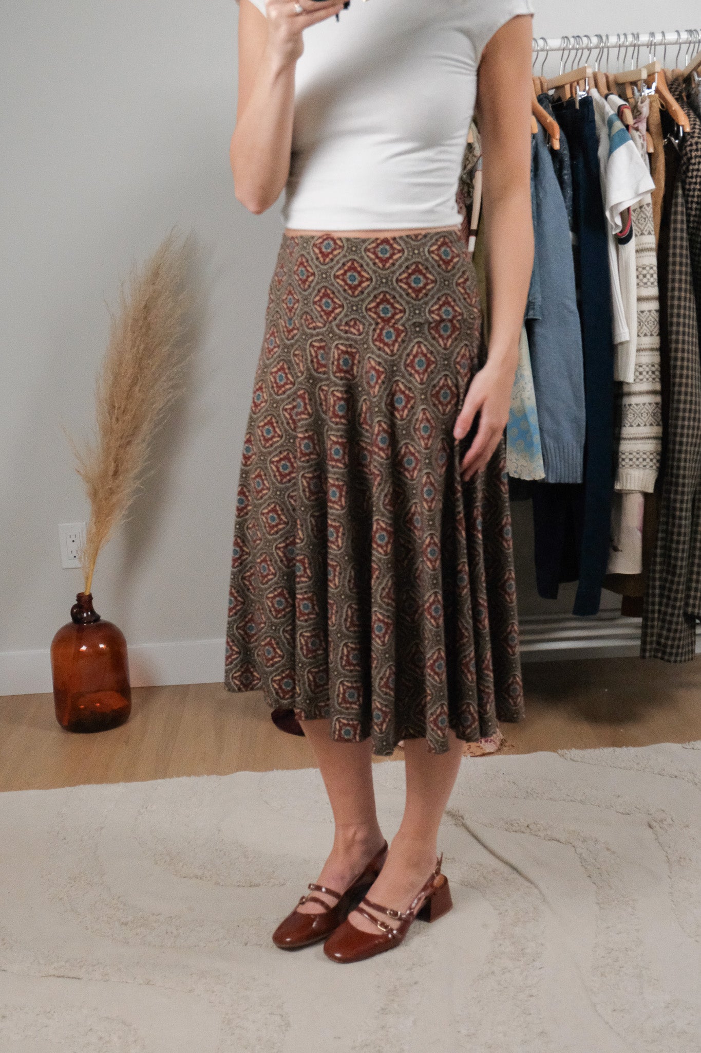 Vintage x Patterned Midi Skirt (M)