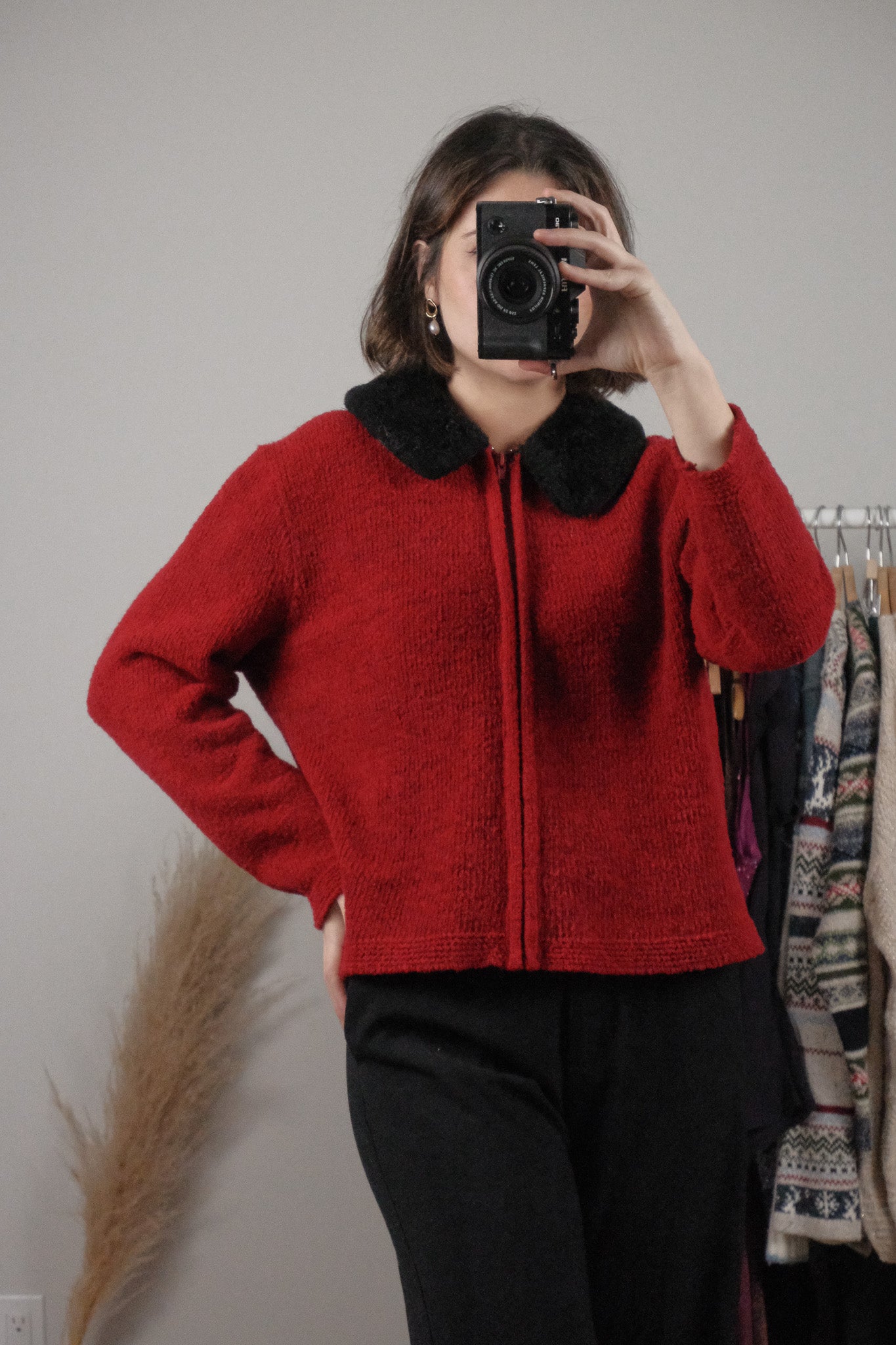 Made in Canada x Vintage x Wool Blend Faux Fur Collar Cardigan (M/L)