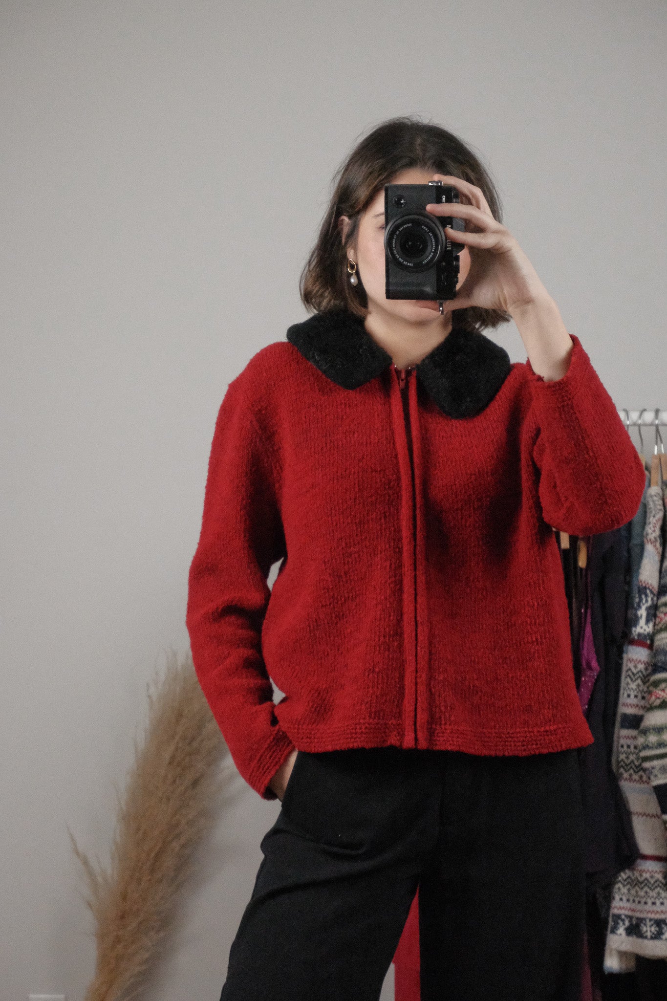 Made in Canada x Vintage x Wool Blend Faux Fur Collar Cardigan (M/L)