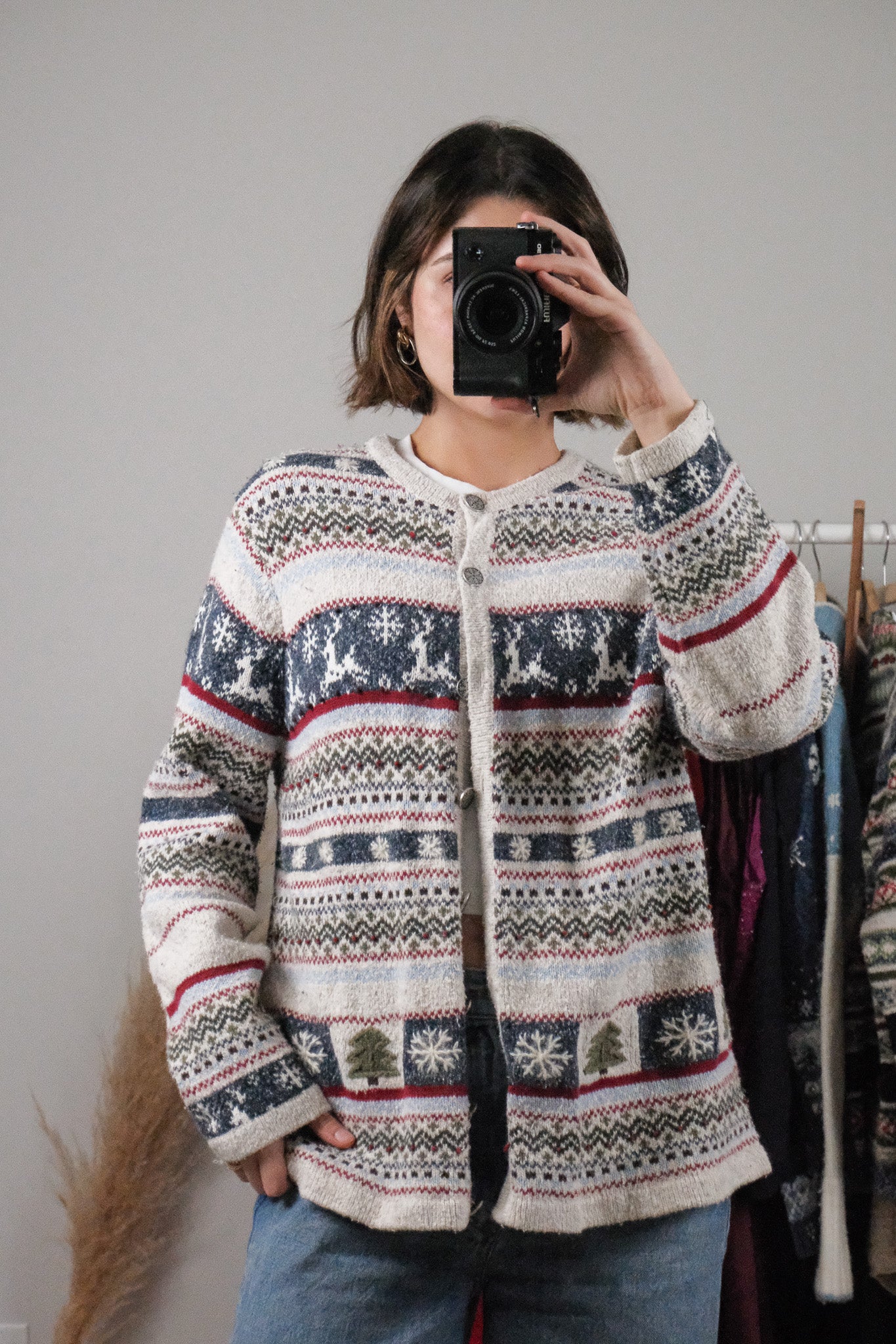 Vintage x Embroidered Patterned Christmas Cardigan (L)