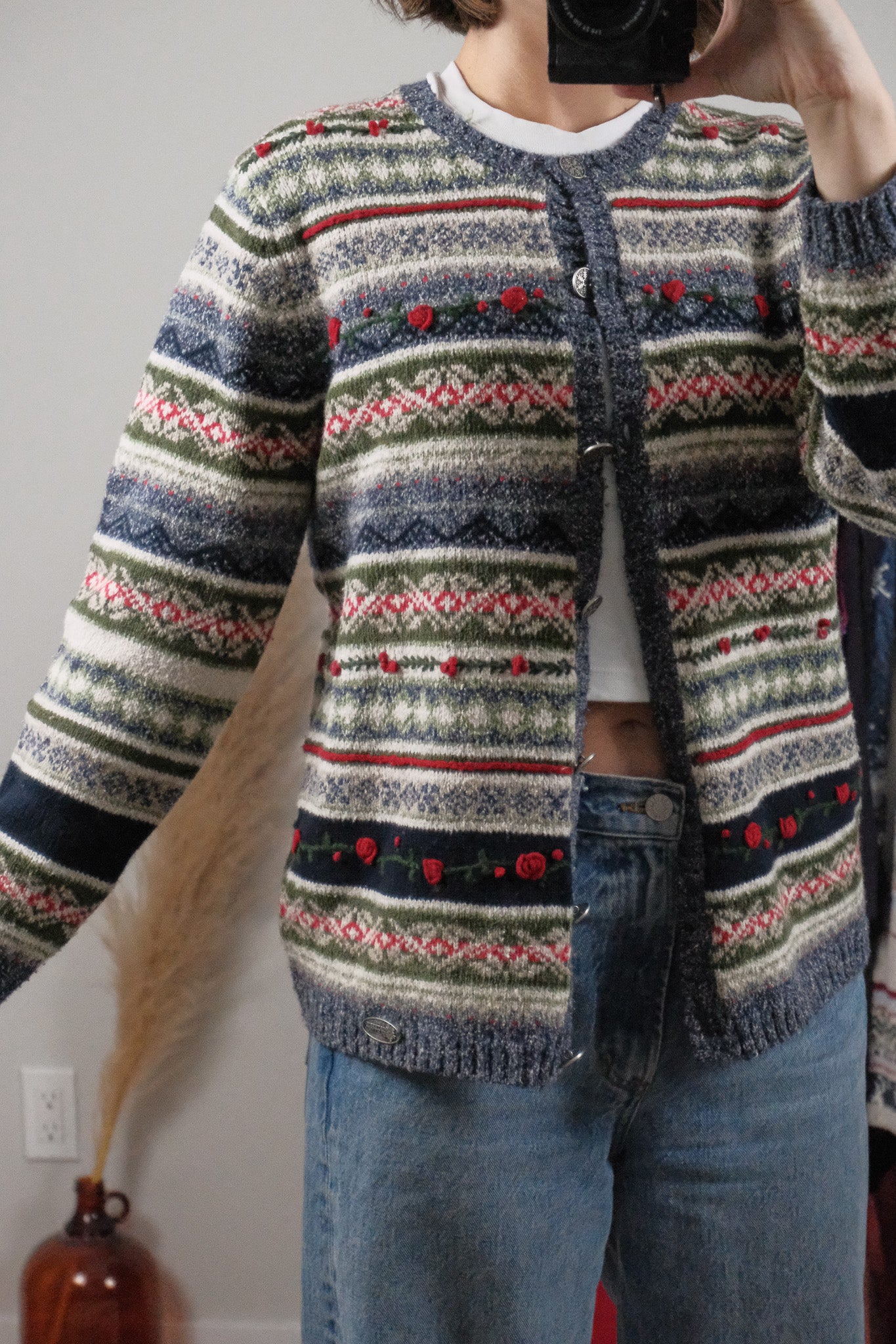 Vintage x Embroidered Patterned Textured Cardigan (S)