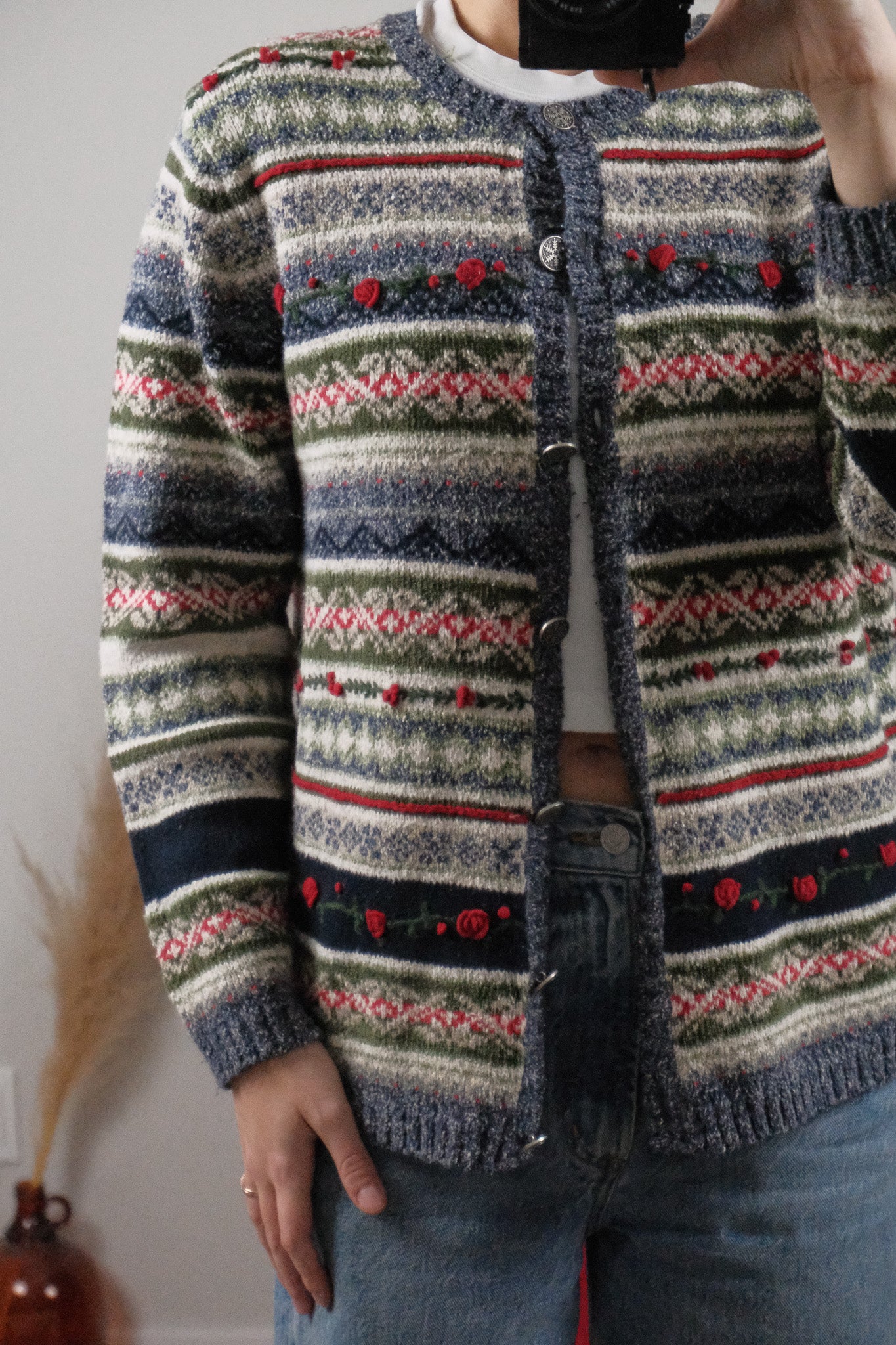 Vintage x Embroidered Patterned Textured Cardigan (S)