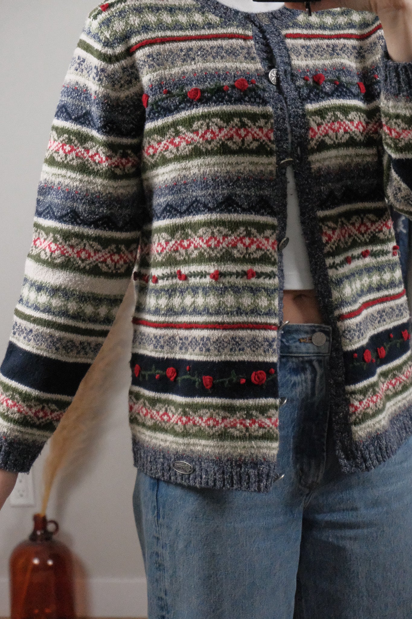 Vintage x Embroidered Patterned Textured Cardigan (S)