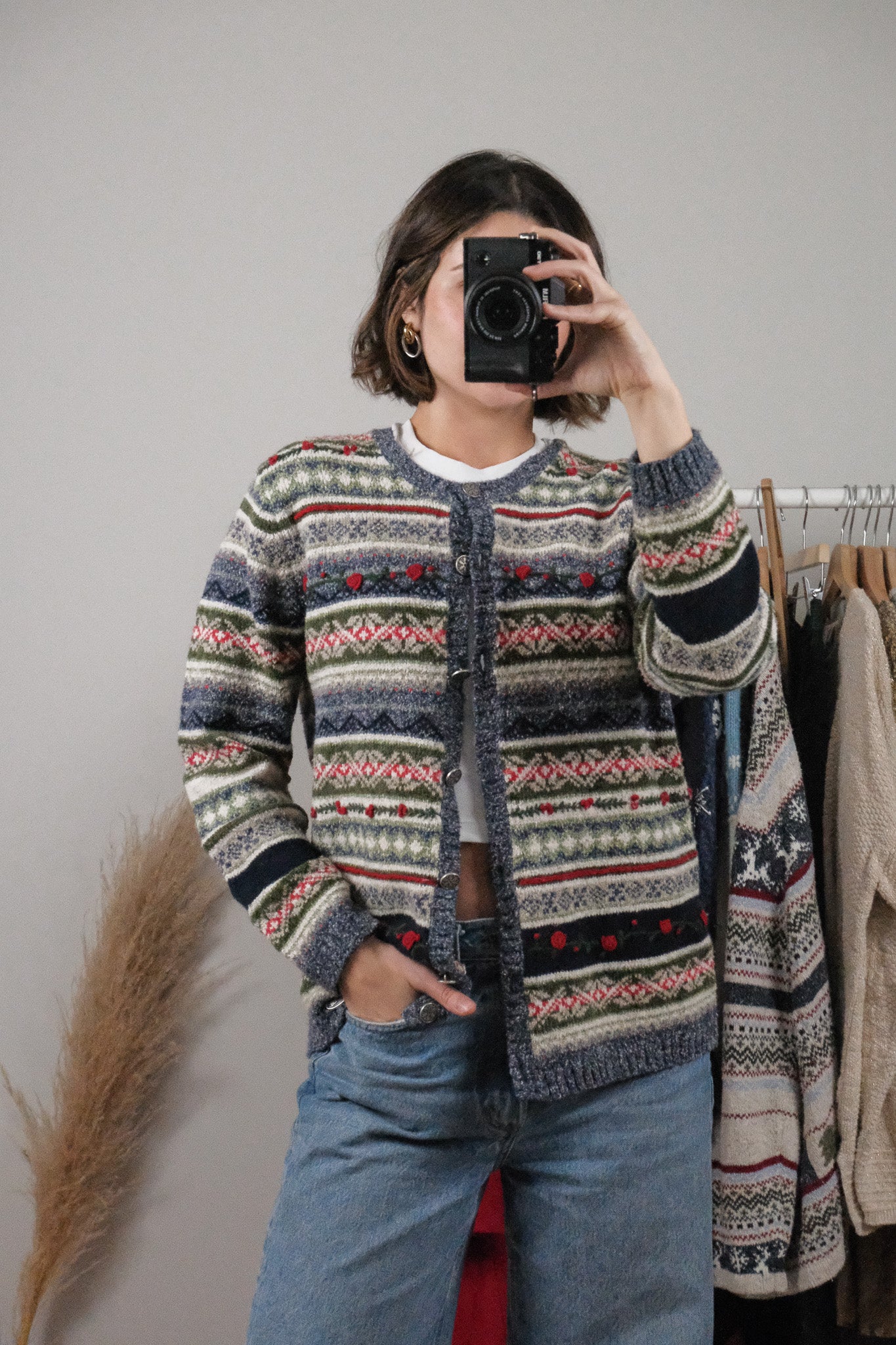 Vintage x Embroidered Patterned Textured Cardigan (S)