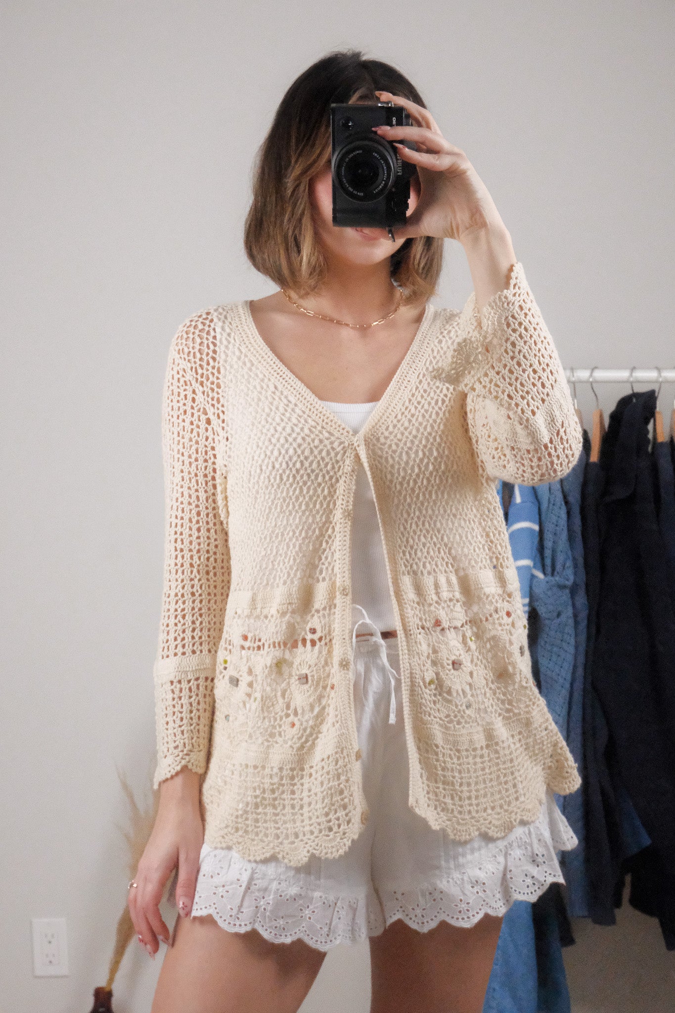 Vintage x Cotton/Ramie Crochet Beaded Cardi (M-L)