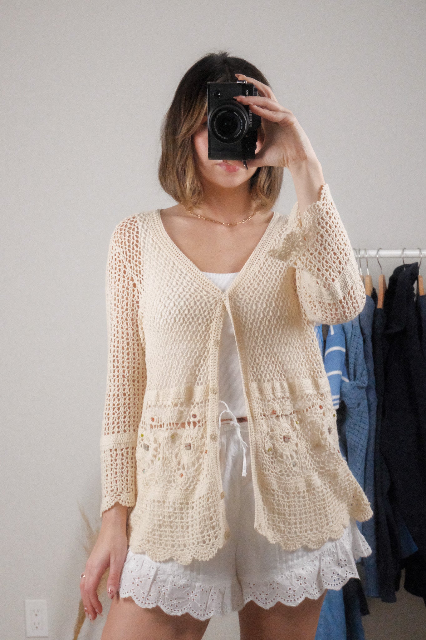 Vintage x Cotton/Ramie Crochet Beaded Cardi (M-L)