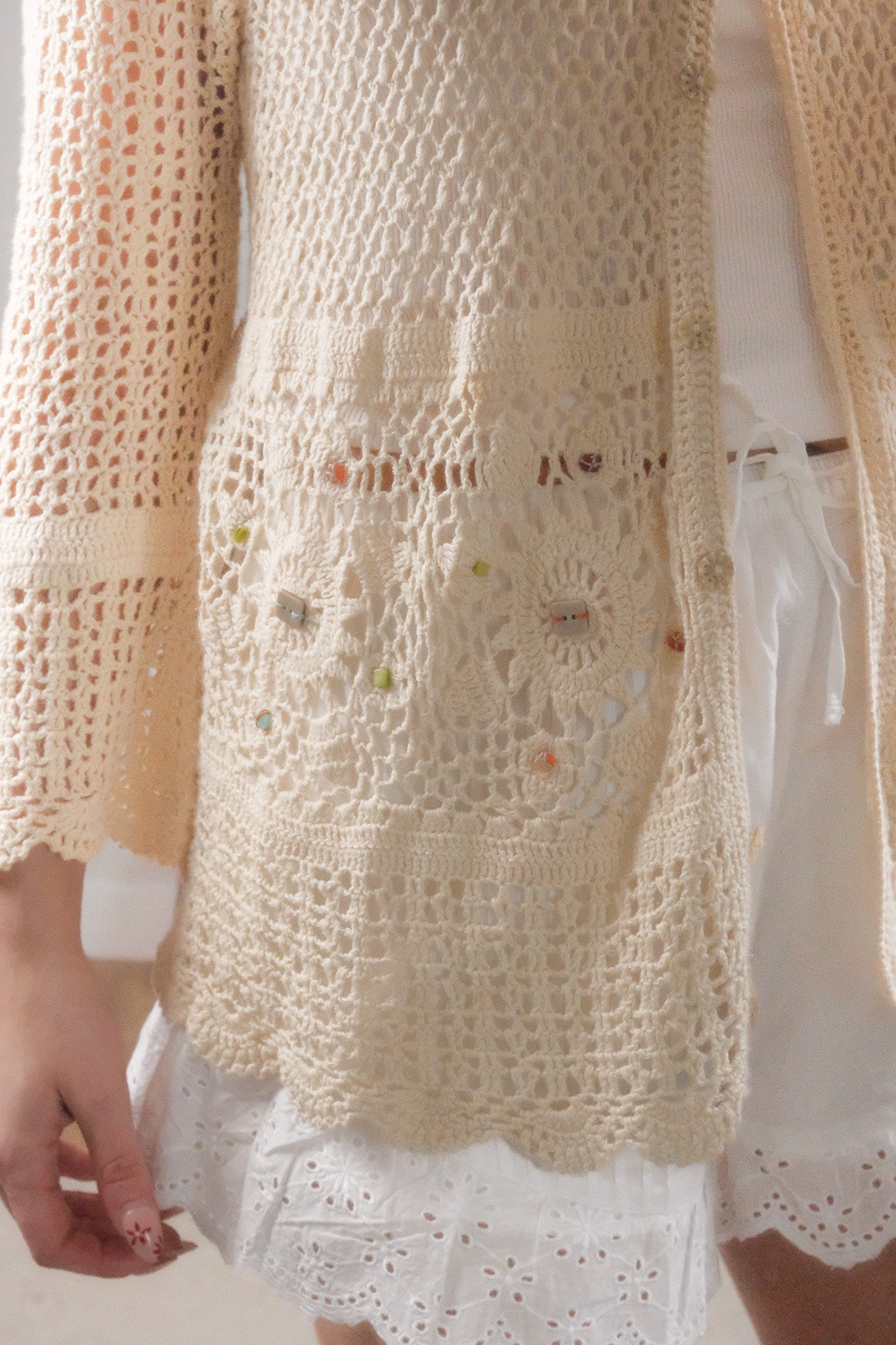 Vintage x Cotton/Ramie Crochet Beaded Cardi (M-L)