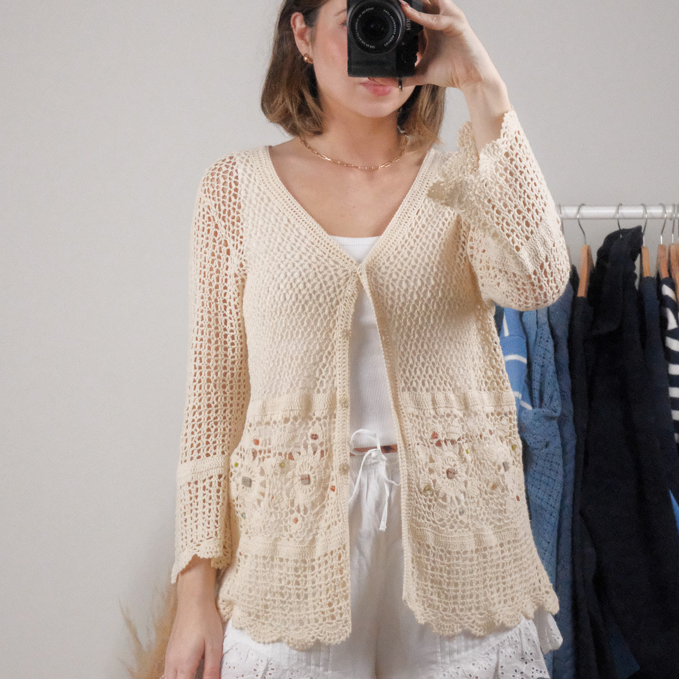 Vintage x Cotton/Ramie Crochet Beaded Cardi (M-L)