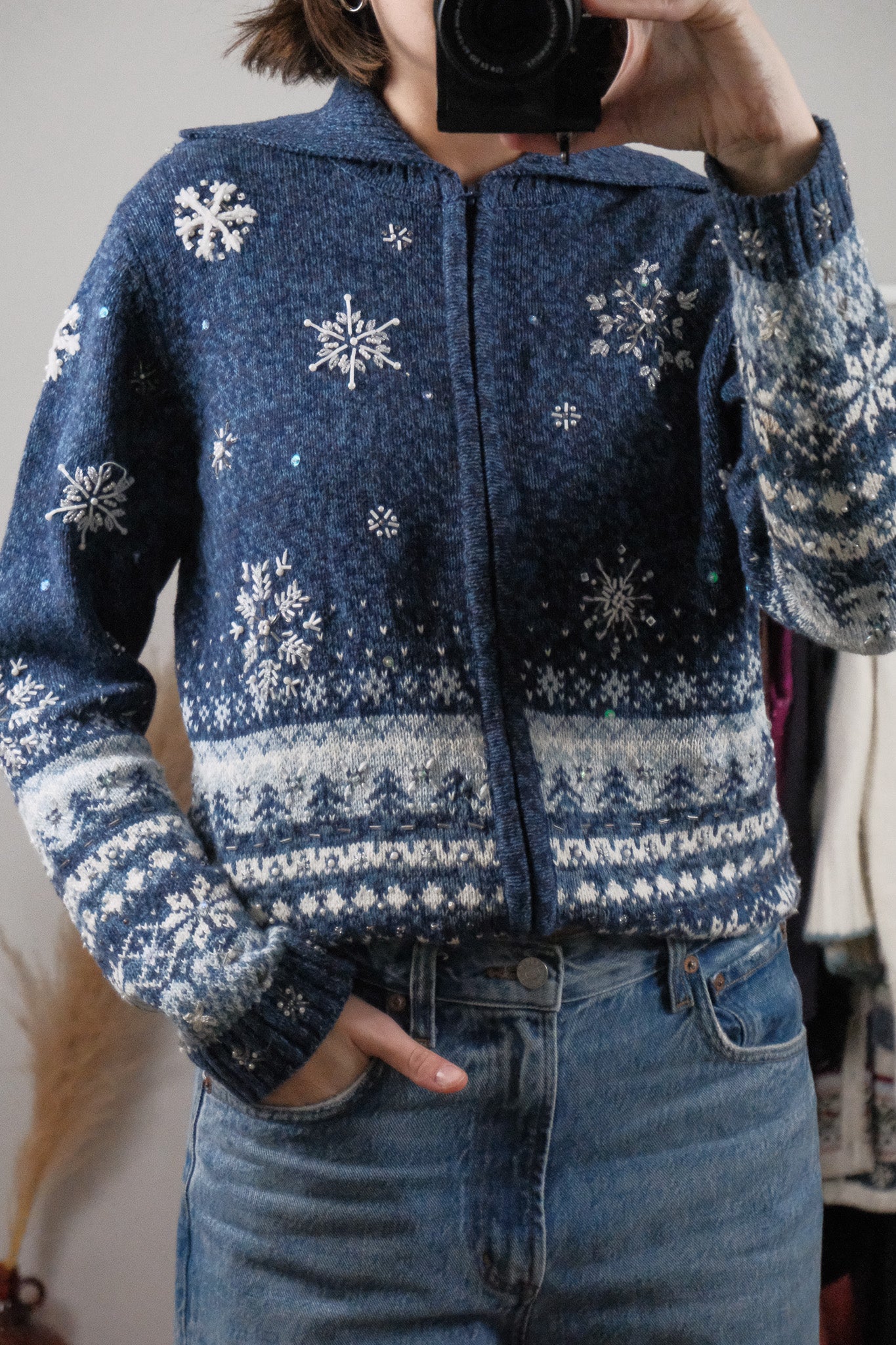 Vintage x Beaded/Embroidered Zip Up Knit (S)