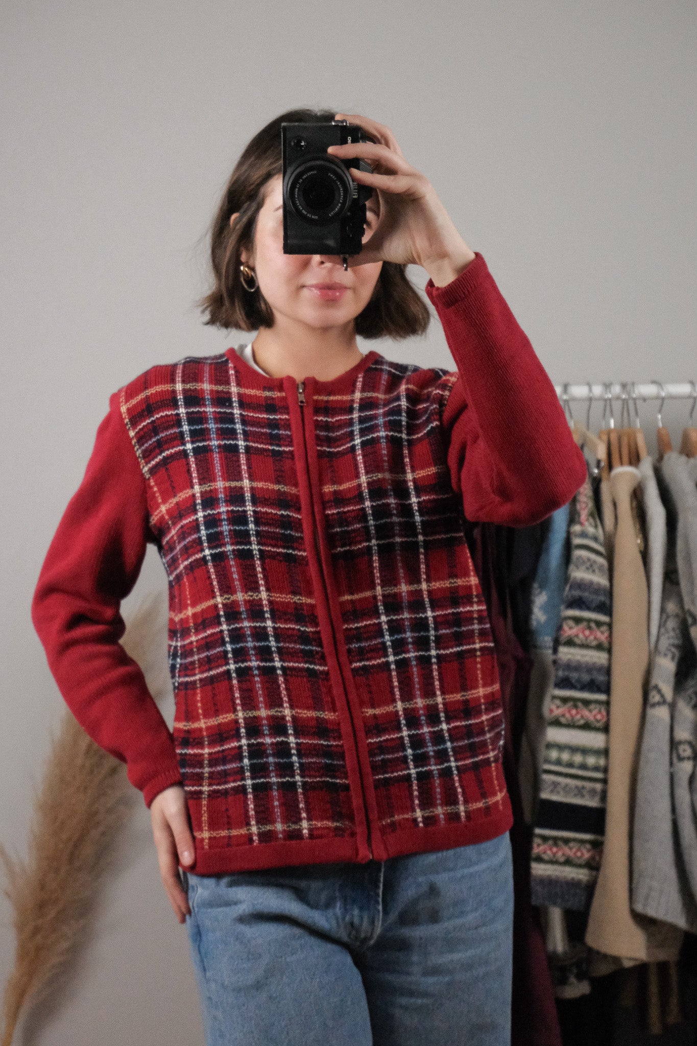 Vintage x Cotton Plaid Zip Up Cardigan (S)