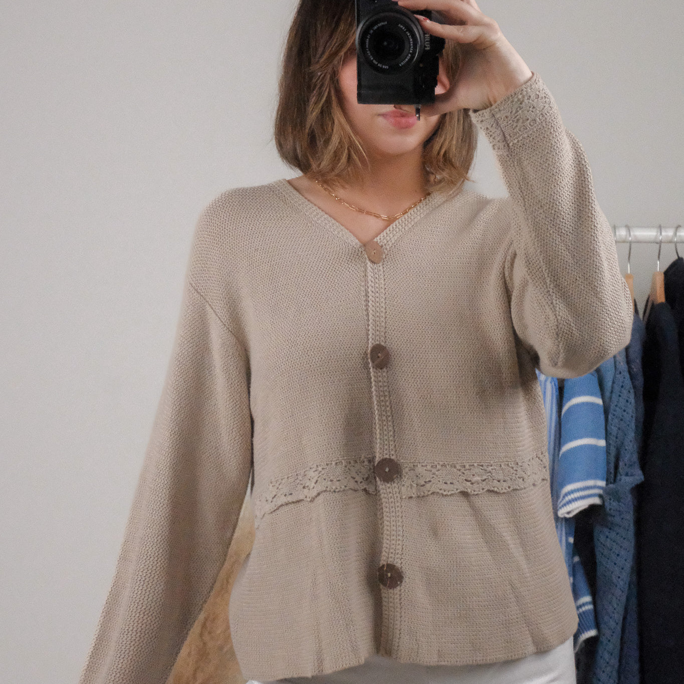 Vintage x Linen/Cotton Lace Detail Cardigan (S-M)