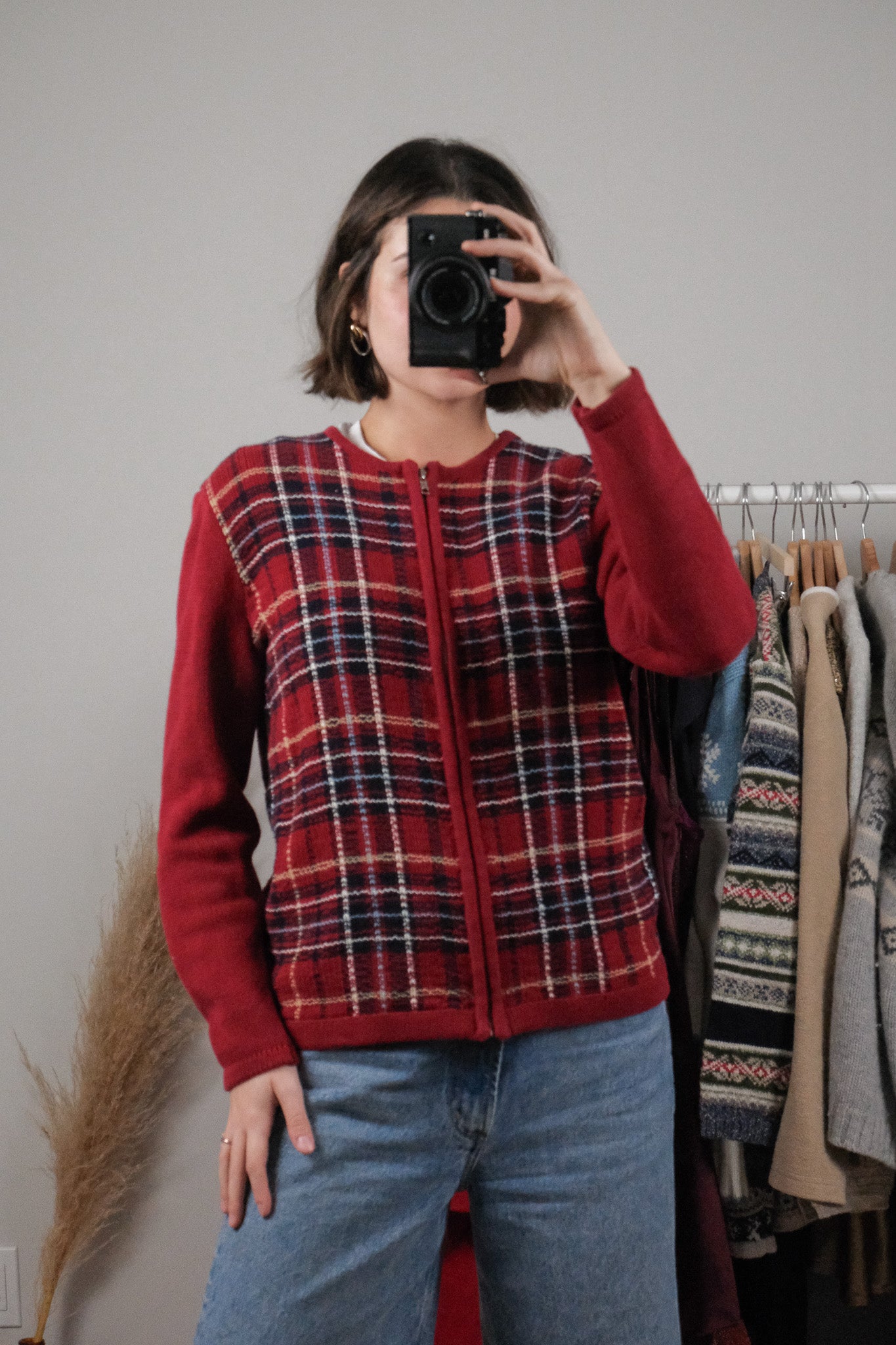 Vintage x Cotton Plaid Zip Up Cardigan (S)