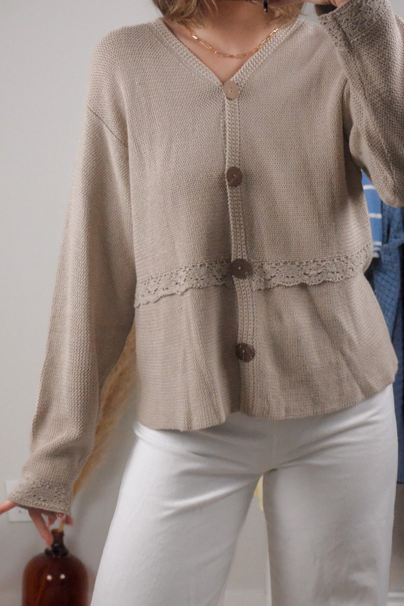 Vintage x Linen/Cotton Lace Detail Cardigan (S-M)