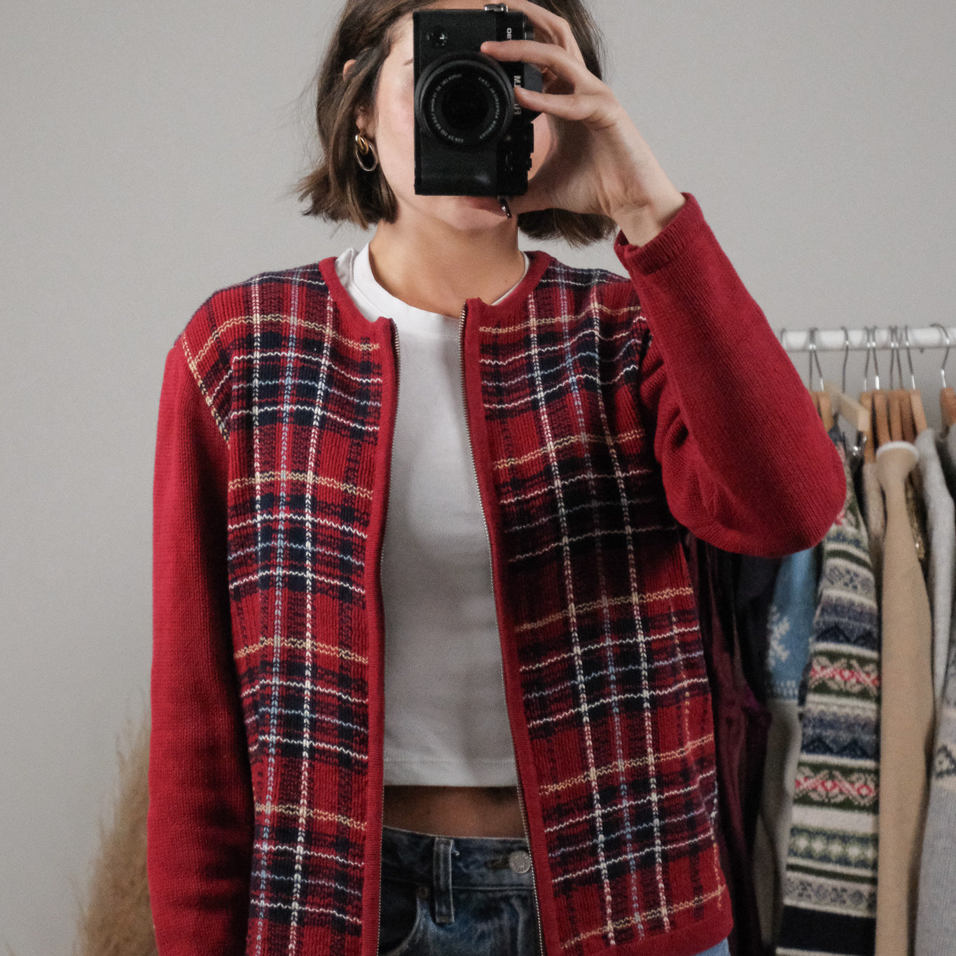 Vintage x Cotton Plaid Zip Up Cardigan (S)