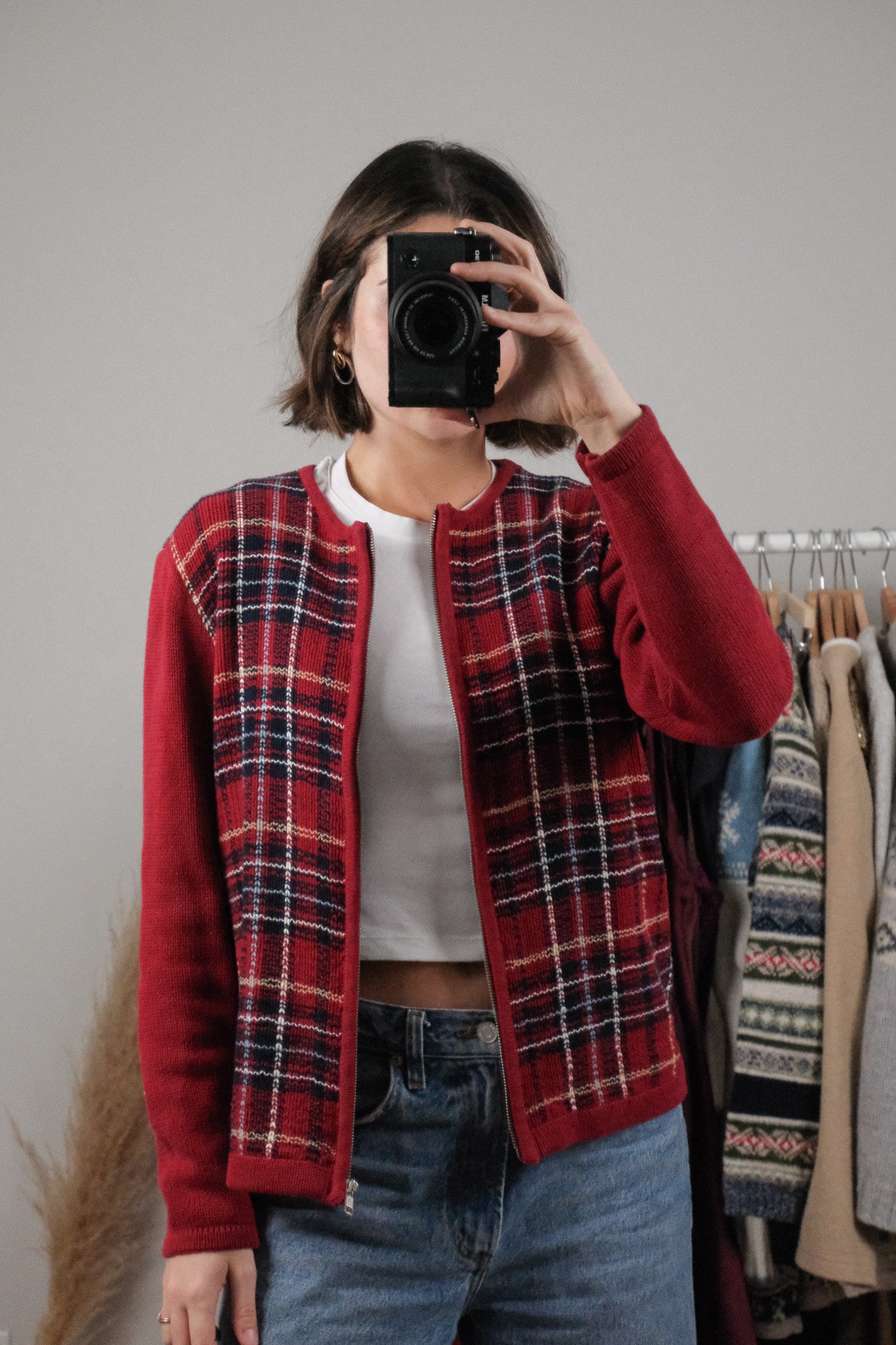 Vintage x Cotton Plaid Zip Up Cardigan (S)