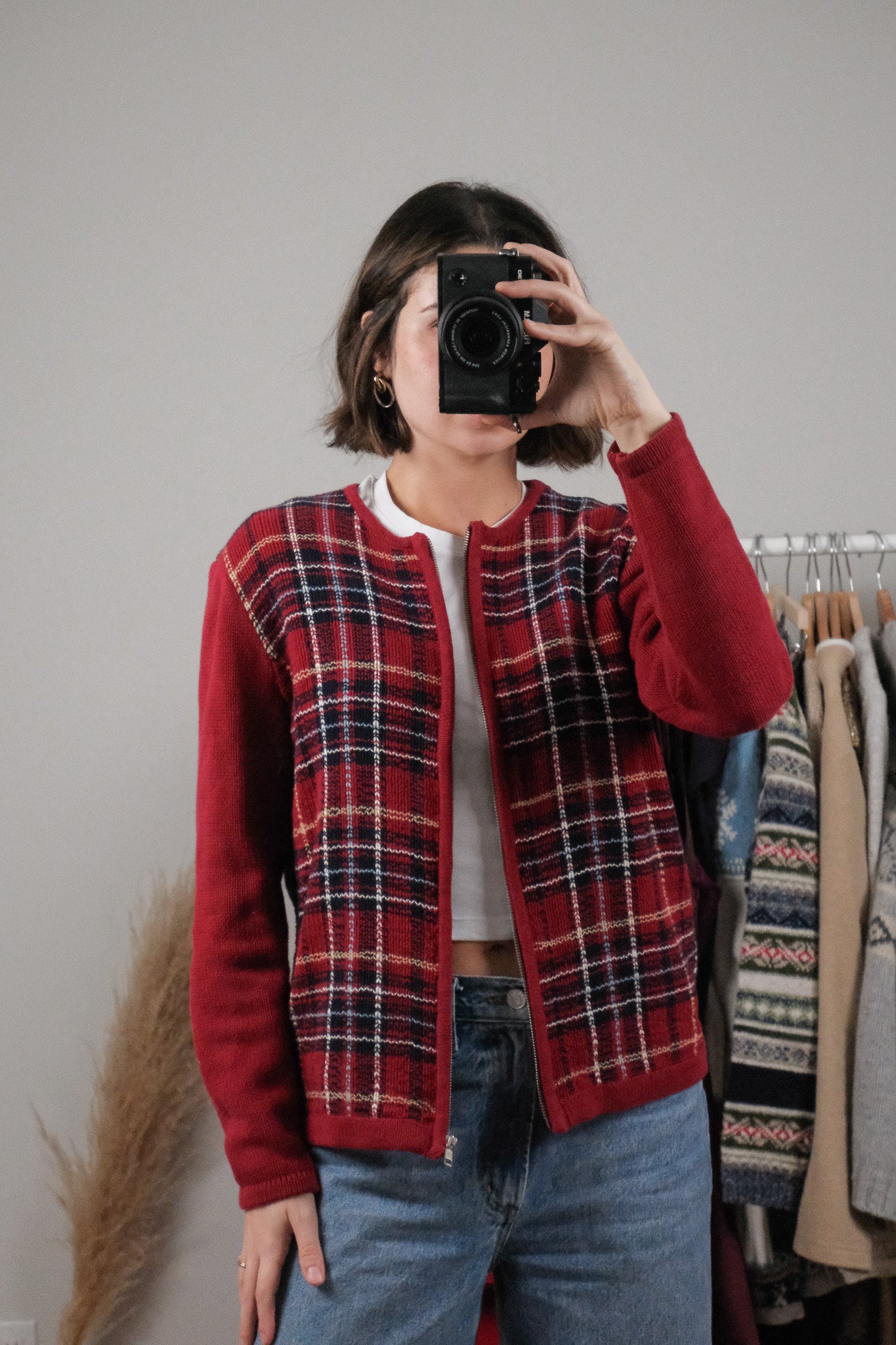 Vintage x Cotton Plaid Zip Up Cardigan (S)