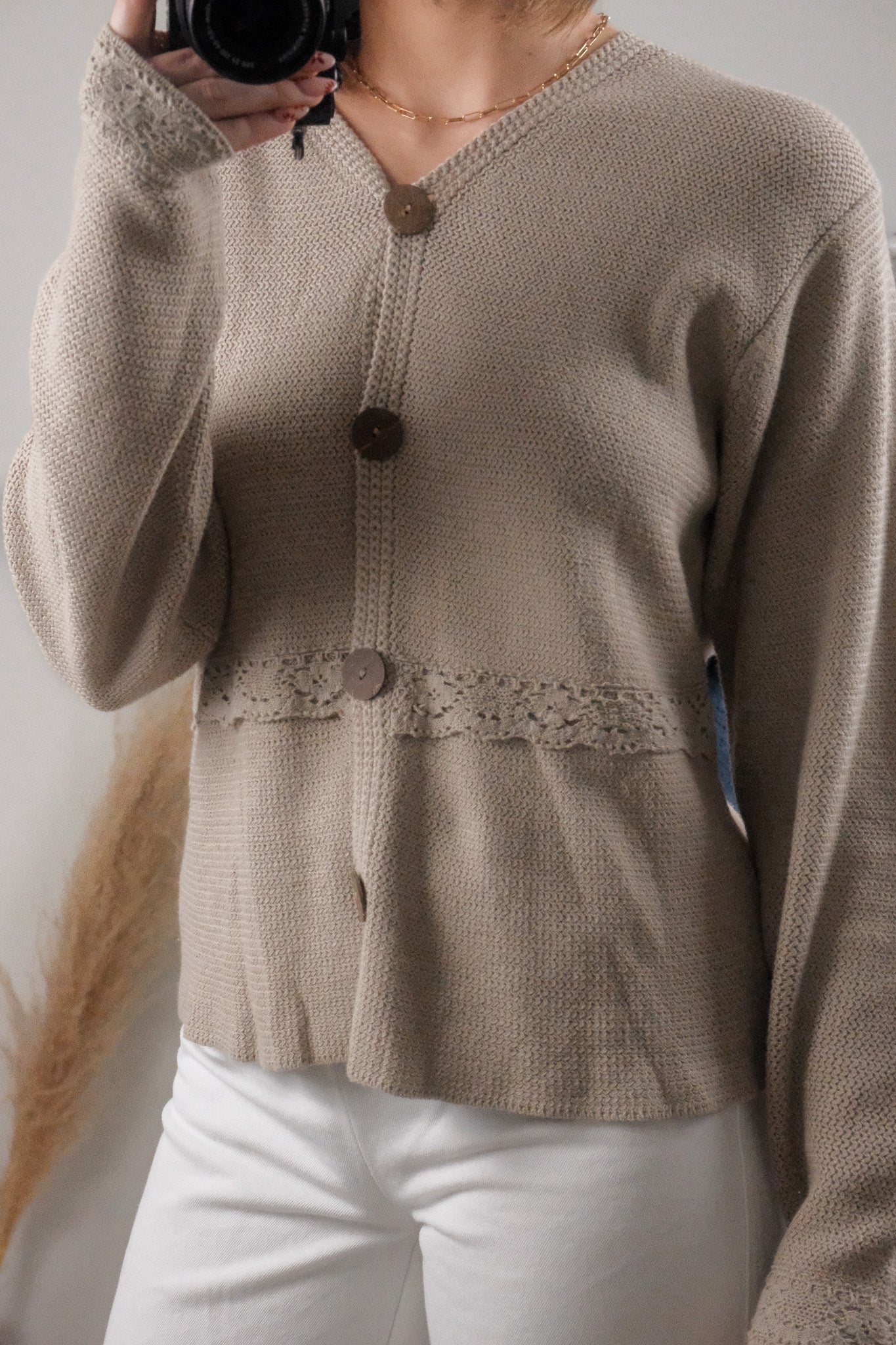Vintage x Linen/Cotton Lace Detail Cardigan (S-M)