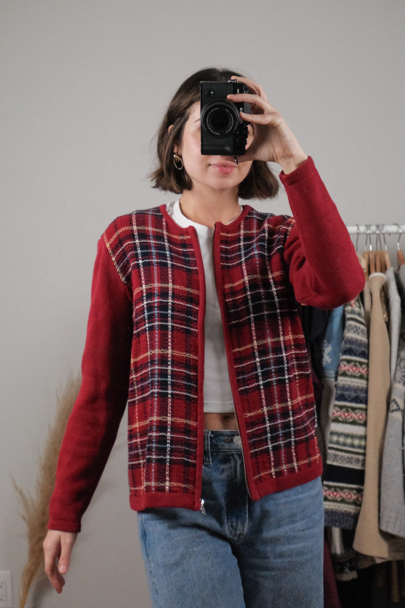 Vintage x Cotton Plaid Zip Up Cardigan (S)