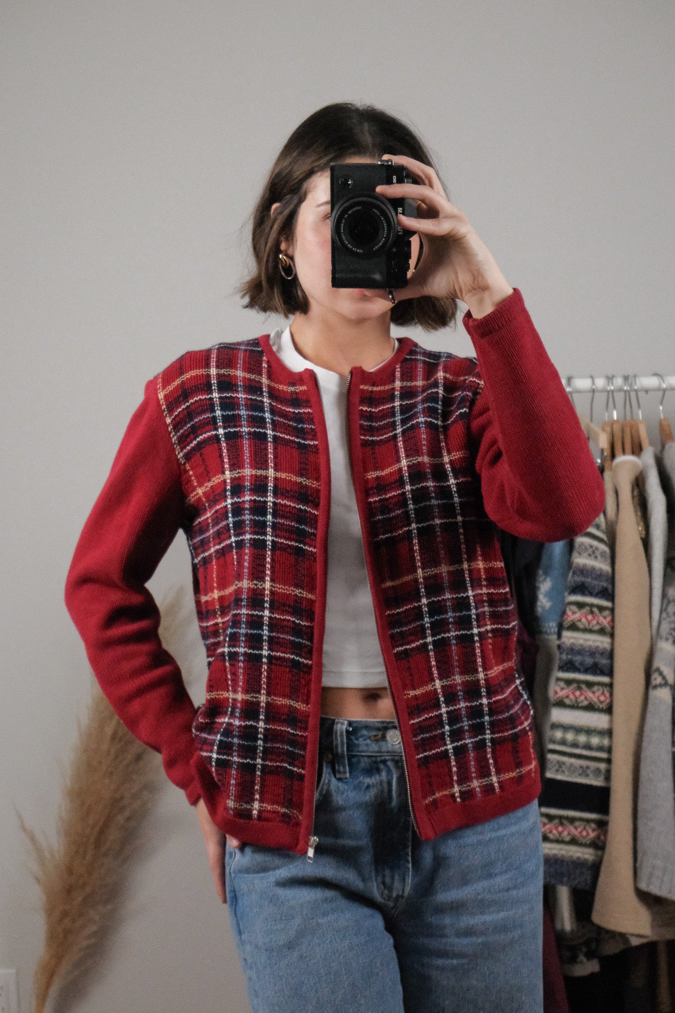 Vintage x Cotton Plaid Zip Up Cardigan (S)