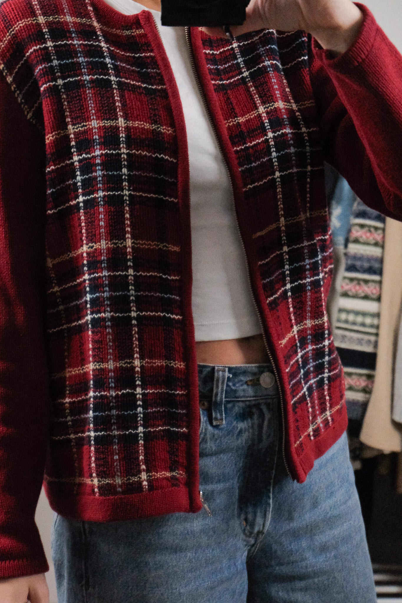 Vintage x Cotton Plaid Zip Up Cardigan (S)