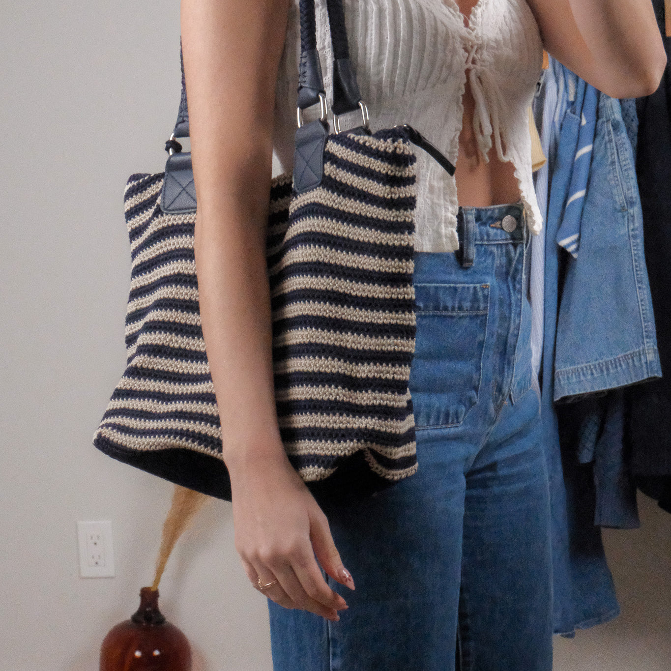 Striped Woven Tote Bag