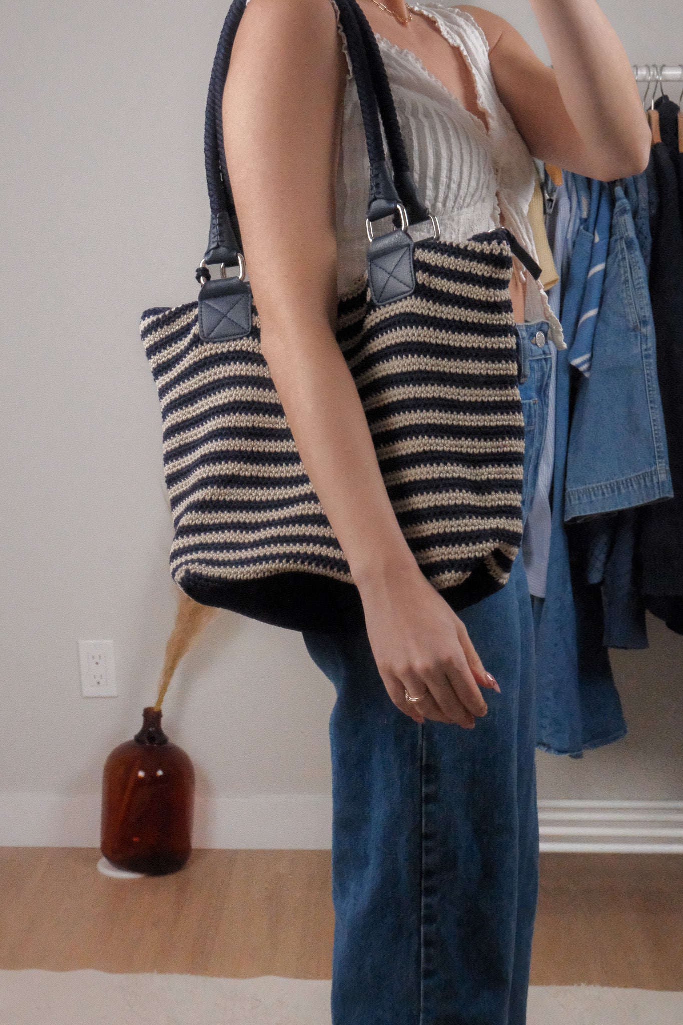 Striped Woven Tote Bag