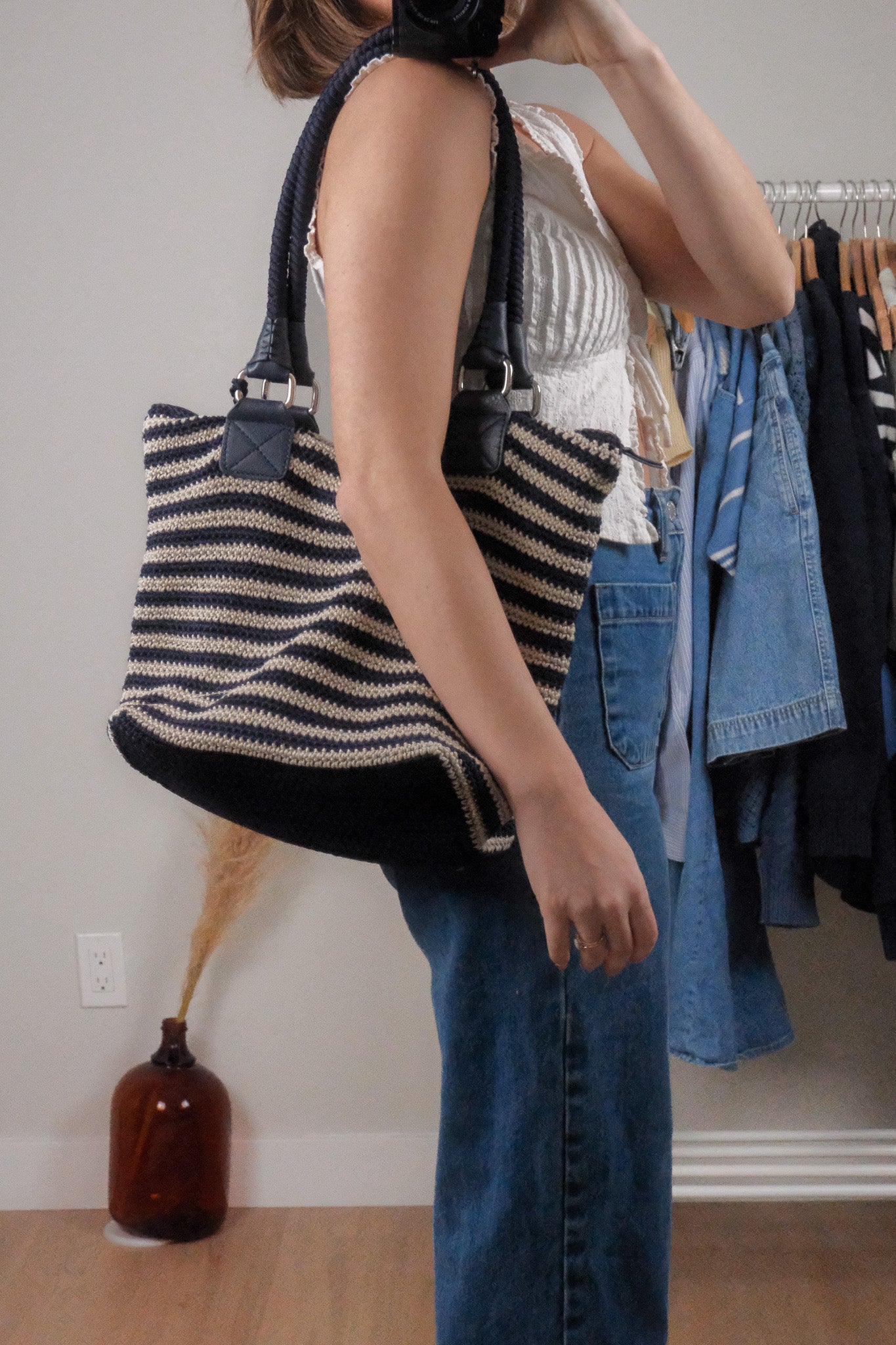 Striped Woven Tote Bag