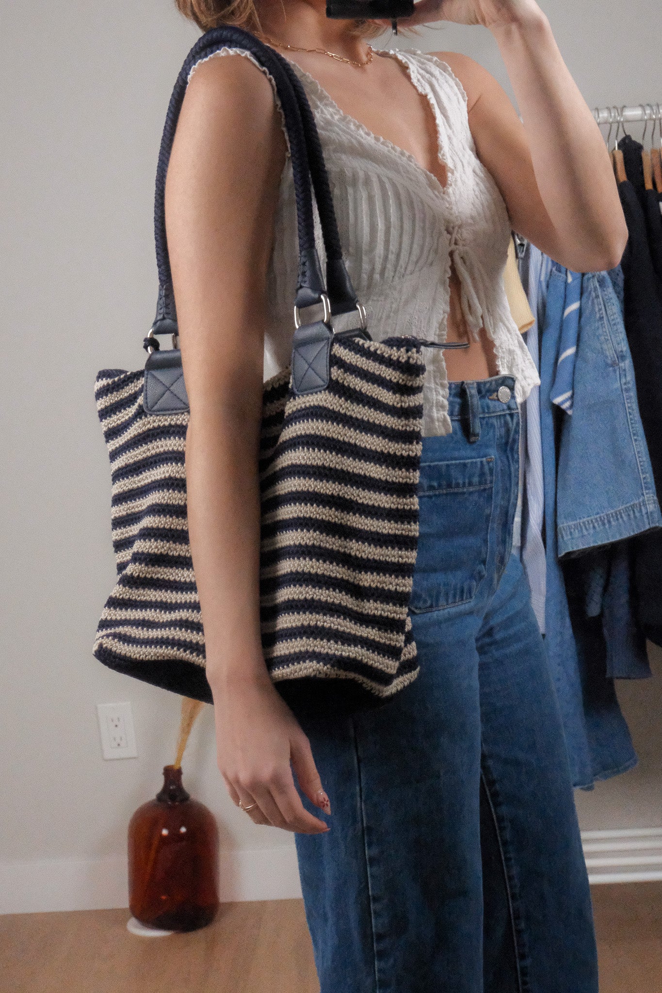 Striped Woven Tote Bag
