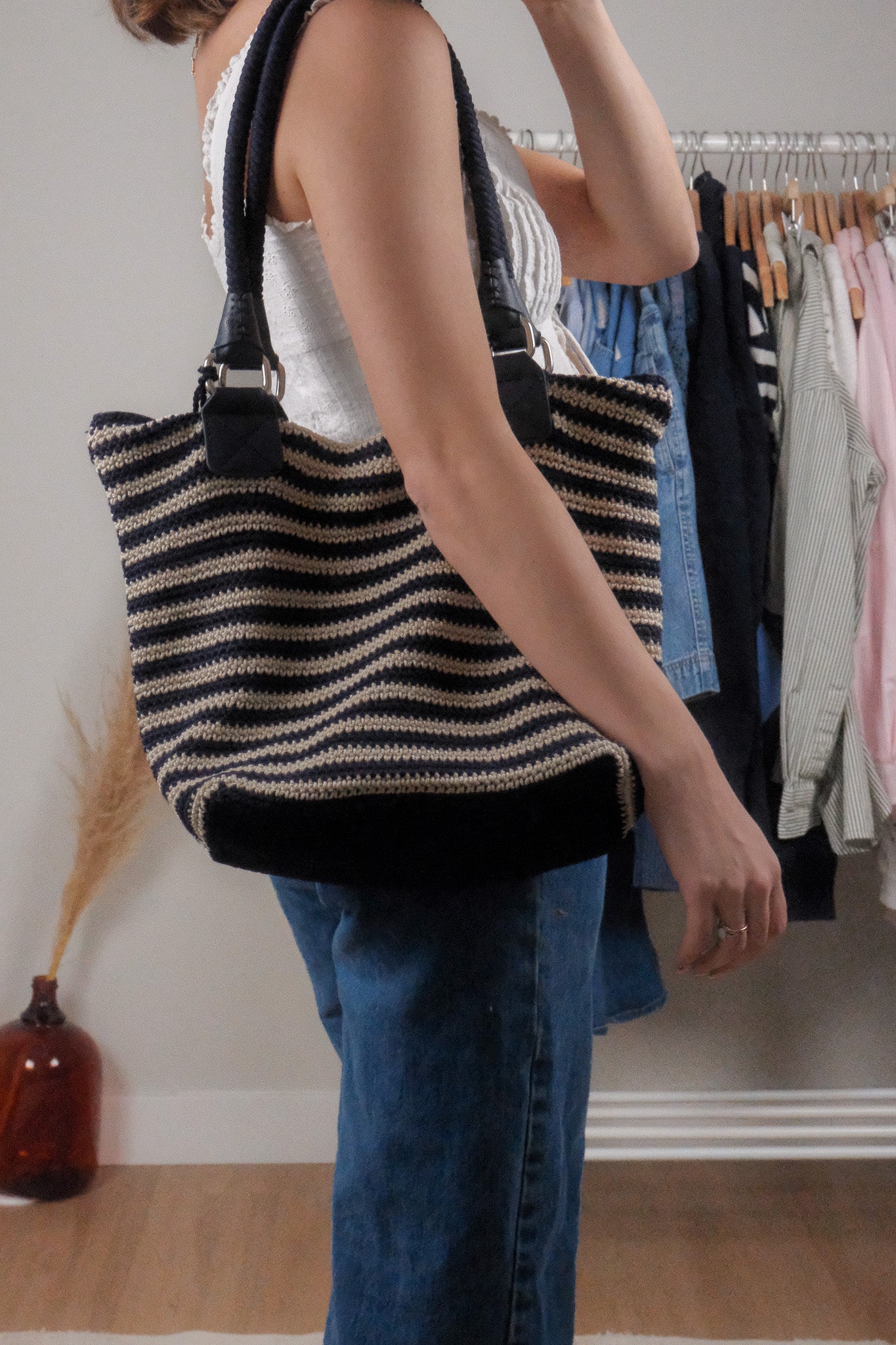 Striped Woven Tote Bag