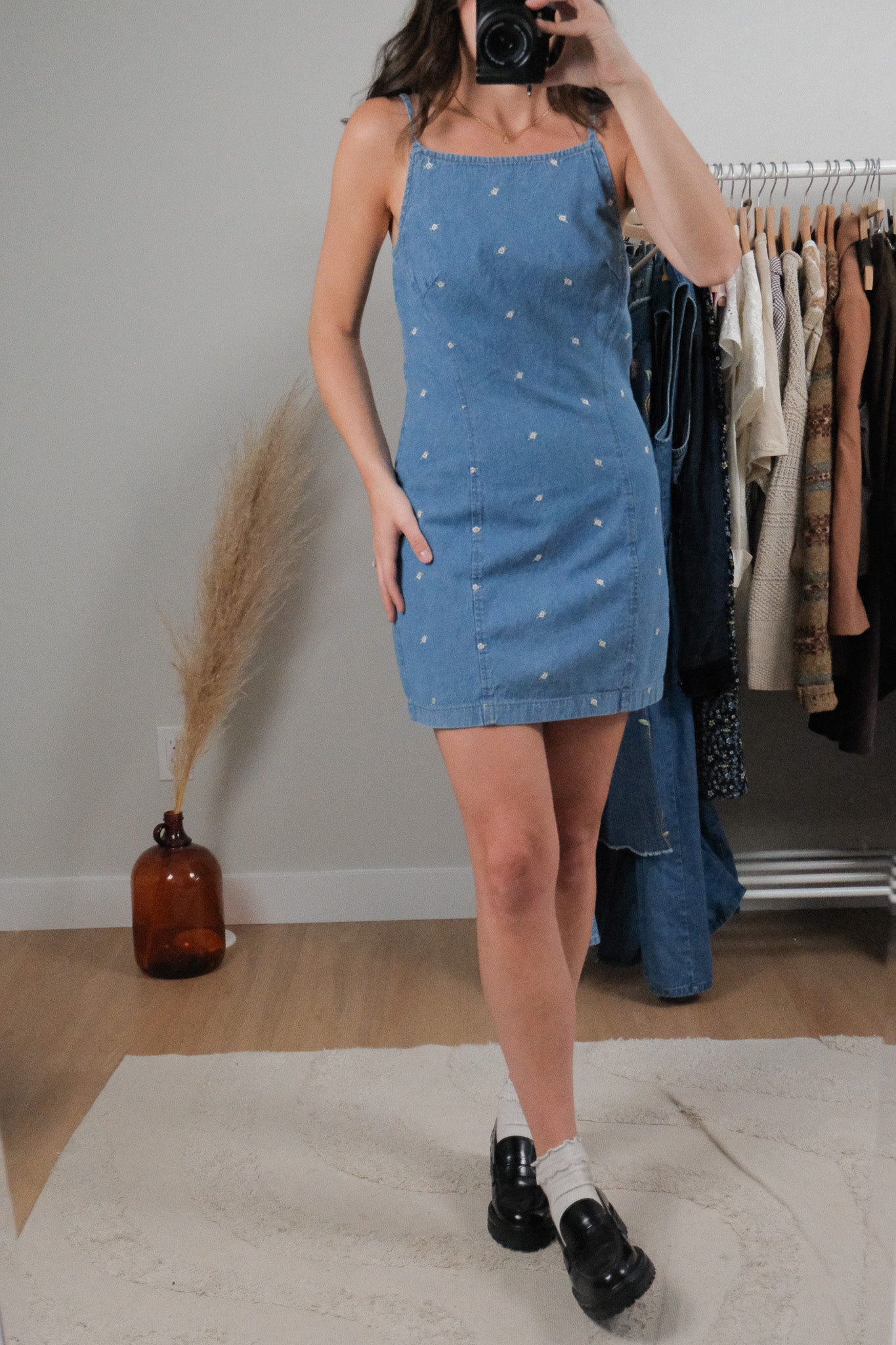 Made in USA x Vintage x Floral Denim Mini Dress (S)