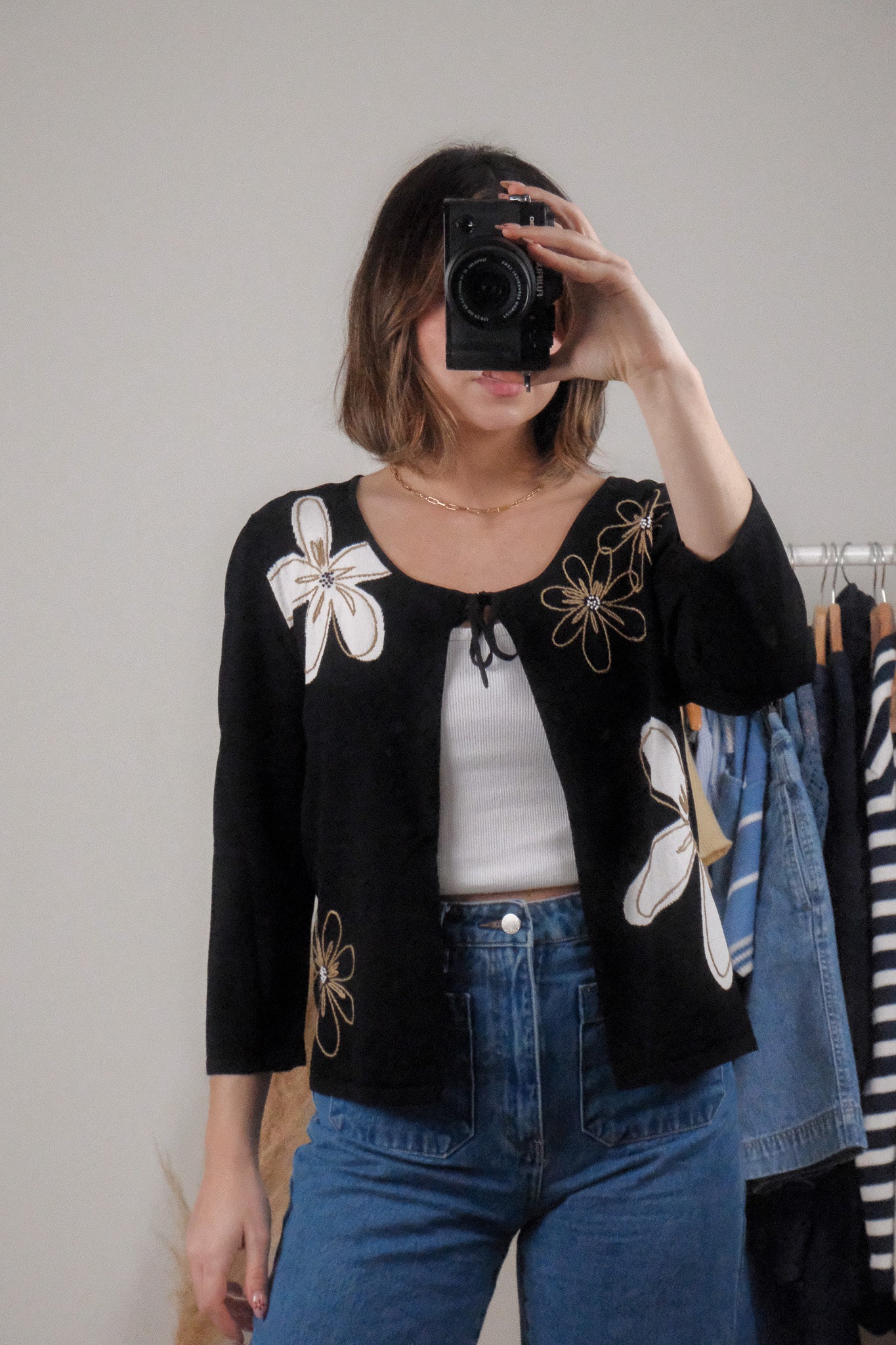Vintage x Beaded Tie Flower Cardigan (L)