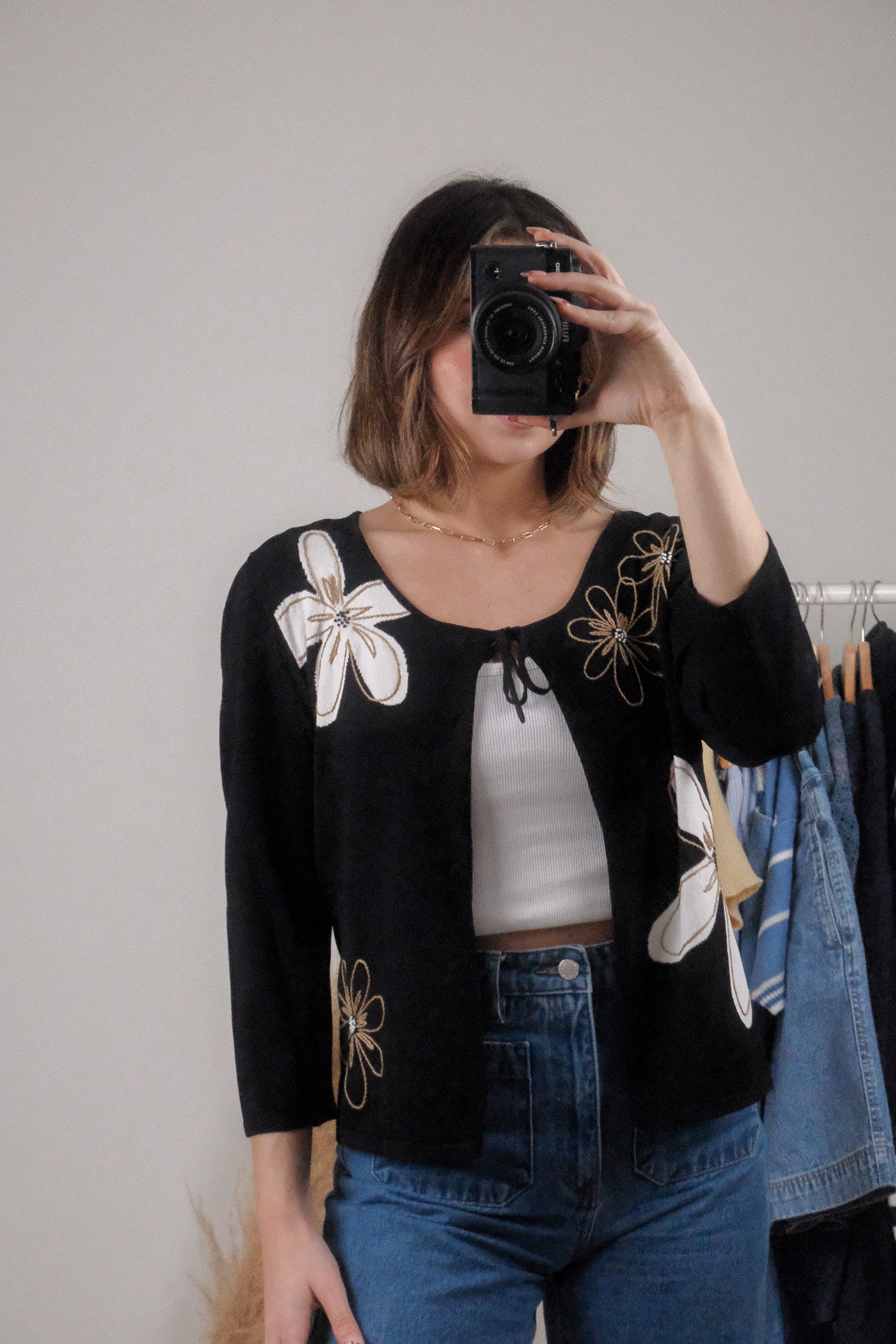 Vintage x Beaded Tie Flower Cardigan (L)