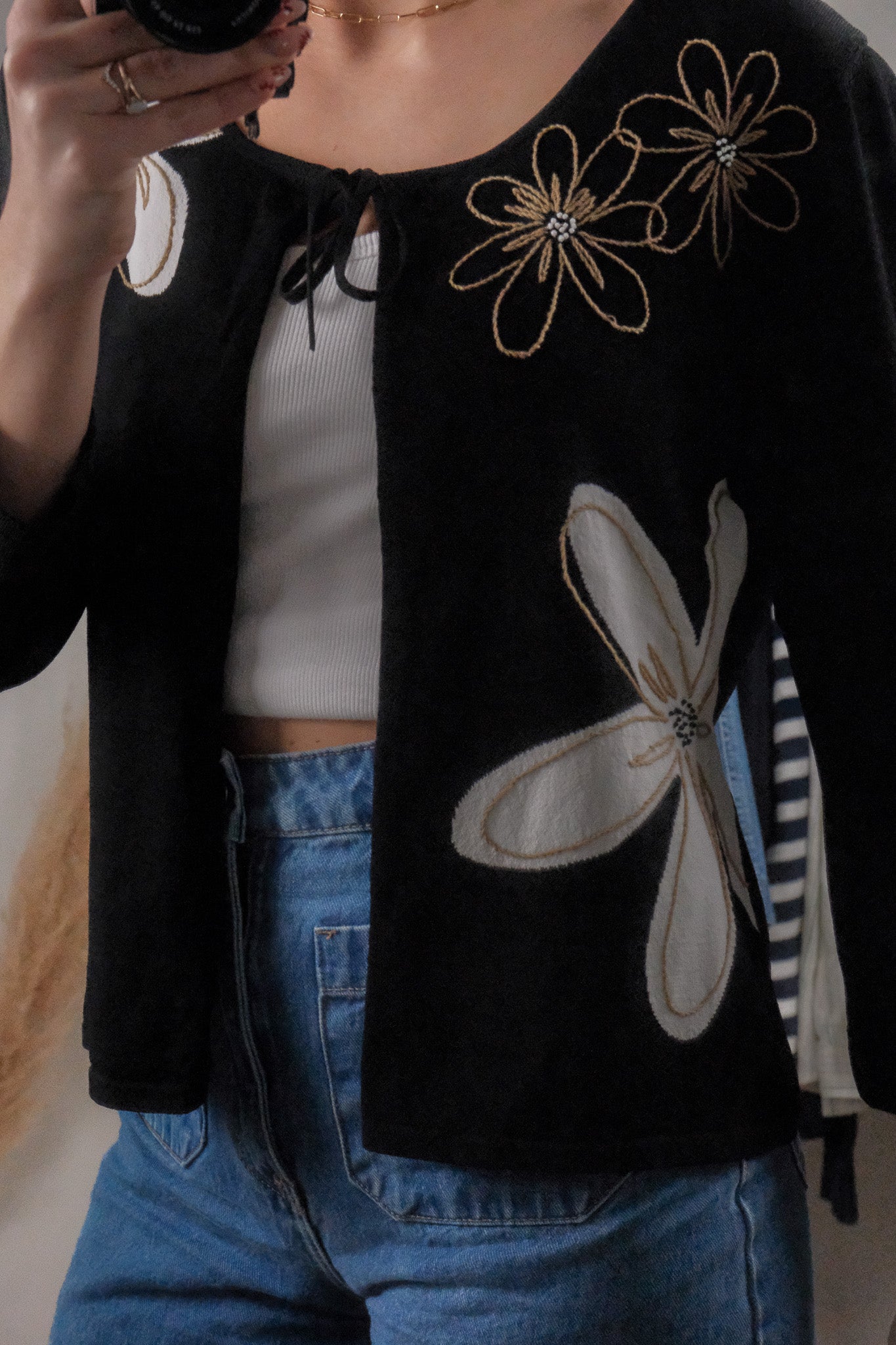 Vintage x Beaded Tie Flower Cardigan (L)