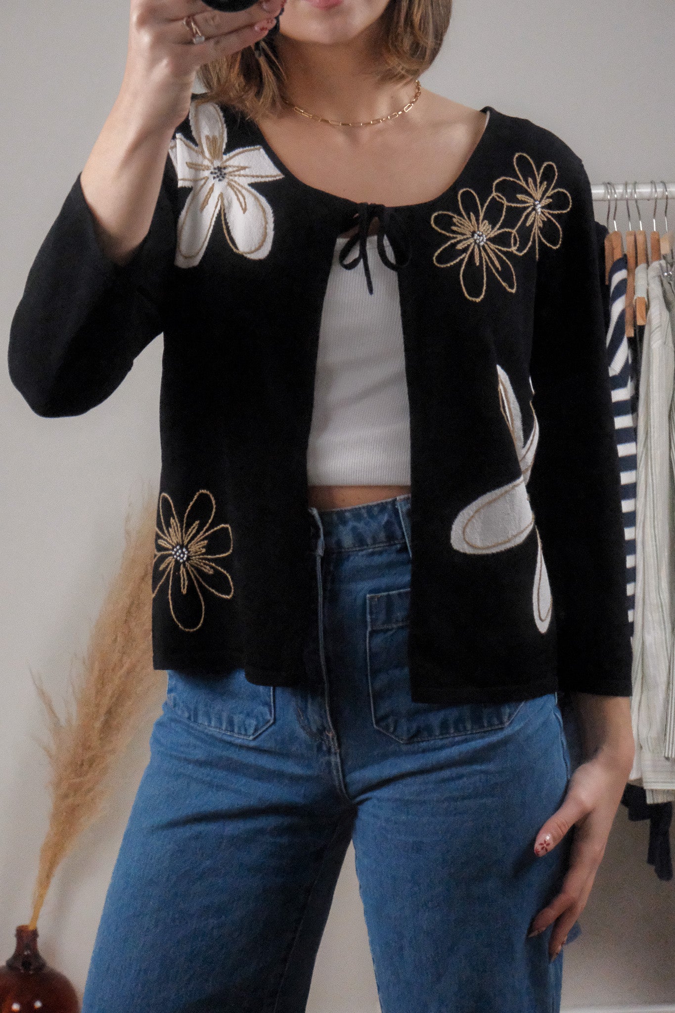 Vintage x Beaded Tie Flower Cardigan (L)