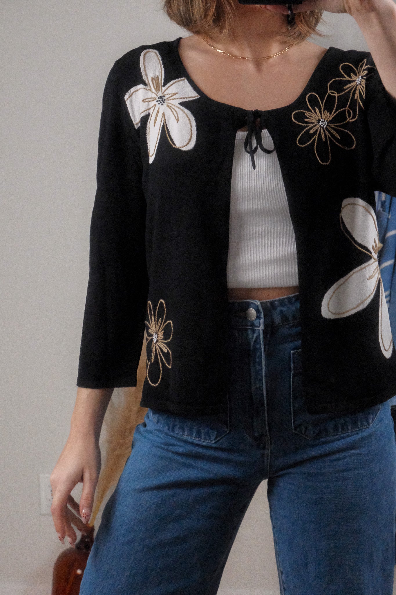 Vintage x Beaded Tie Flower Cardigan (L)
